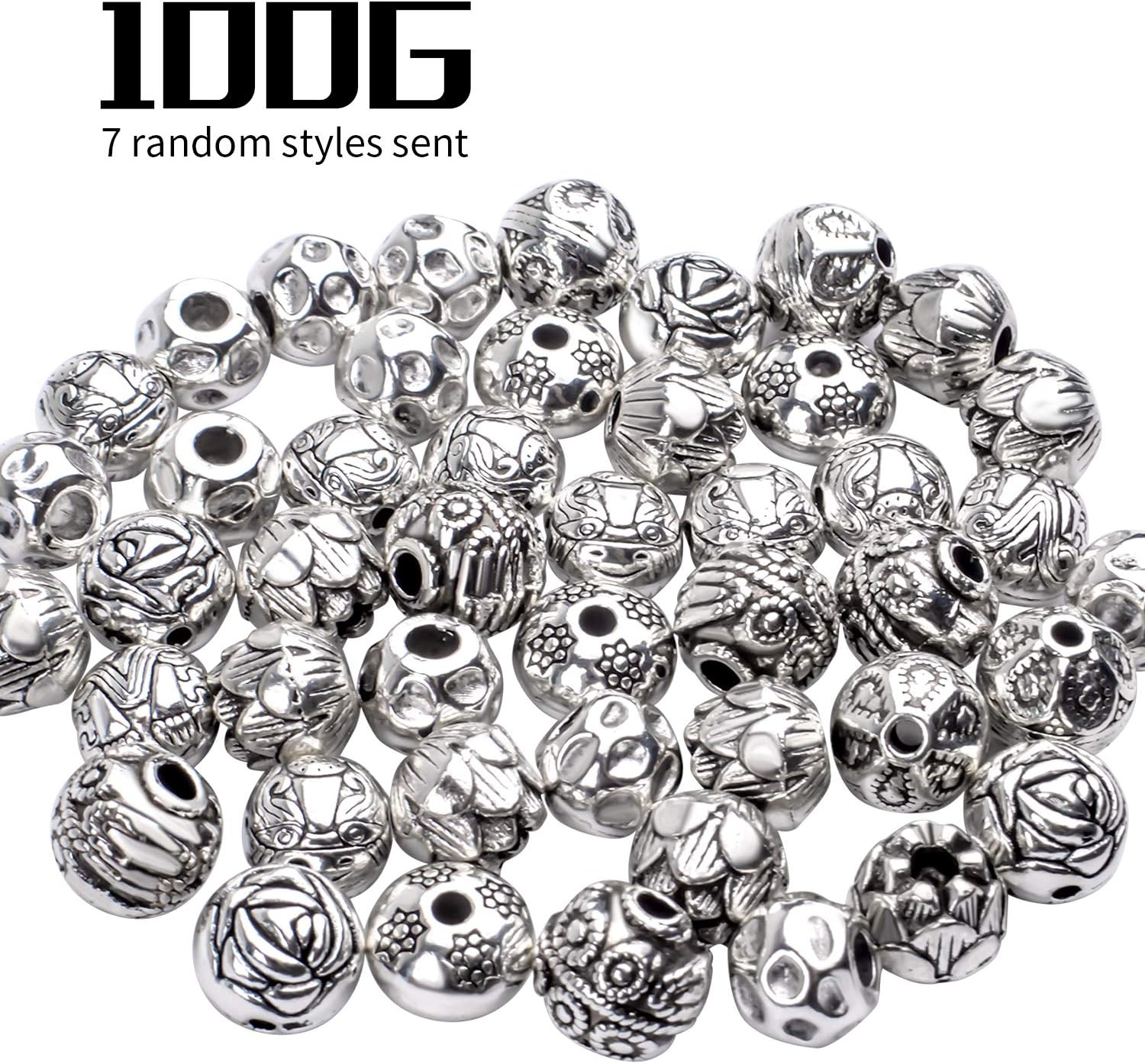 Cuentas espaciadoras de plata antigua, 3.53 oz (alrededor de 40-60 unidades), cuentas sueltas tibetanas pequeñas redondas para hacer pulseras,