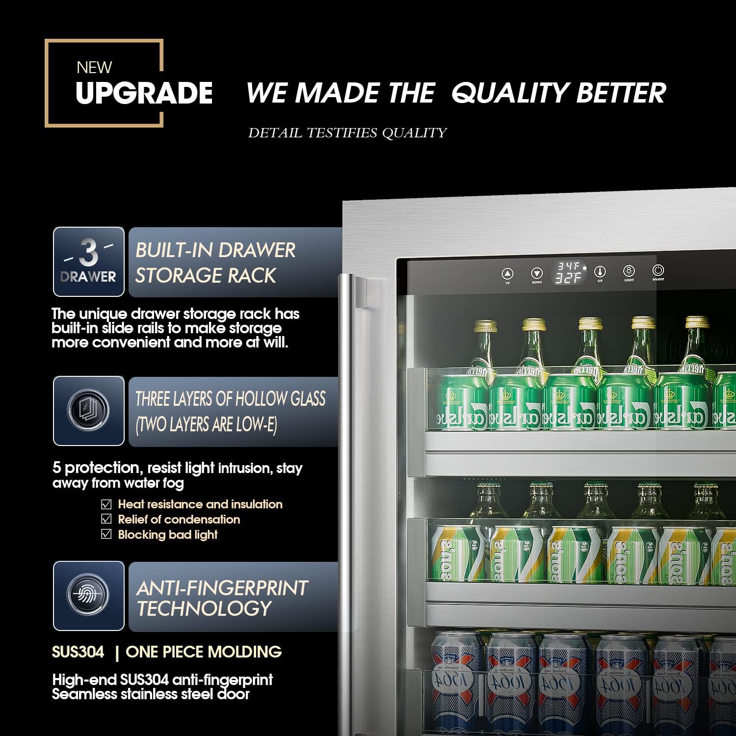 Refrigerador de bebidas de 24 pulgadas, capacidad para 154 latas, acero inoxidable con mini refrigerador integrado y puerta de vidrio. Enfría tus