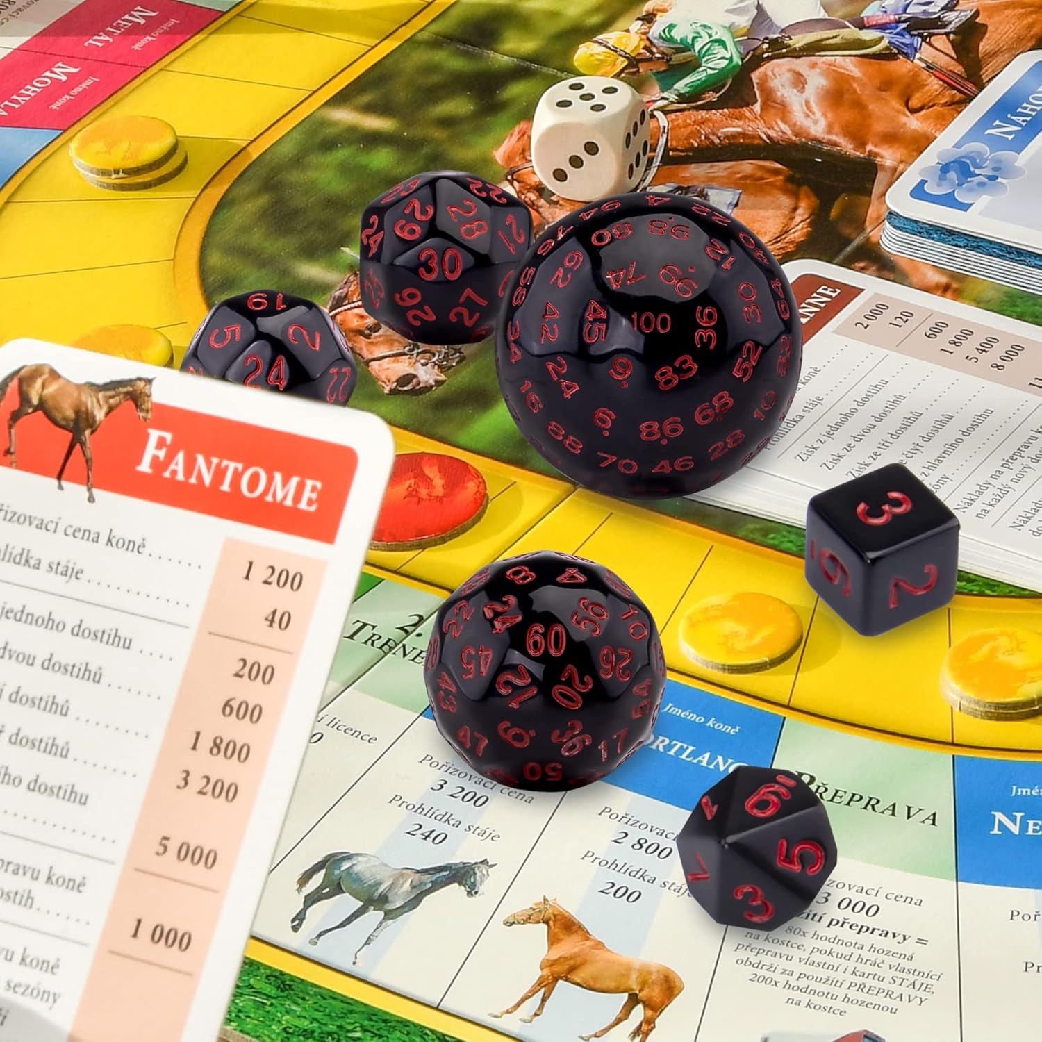 AUSTOR Juego completo de dados poliédricos D3-D100 de 15 piezas con una bolsa de almacenamiento de cuero con cordón para juegos de mesa (negro y