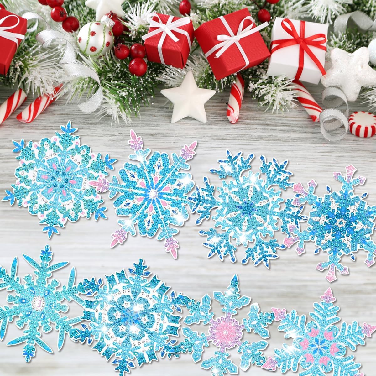 8 posavasos de pintura de diamantes de copo de nieve con soporte, posavasos de arte de diamantes de copo de nieve congelado, posavasos redondos de