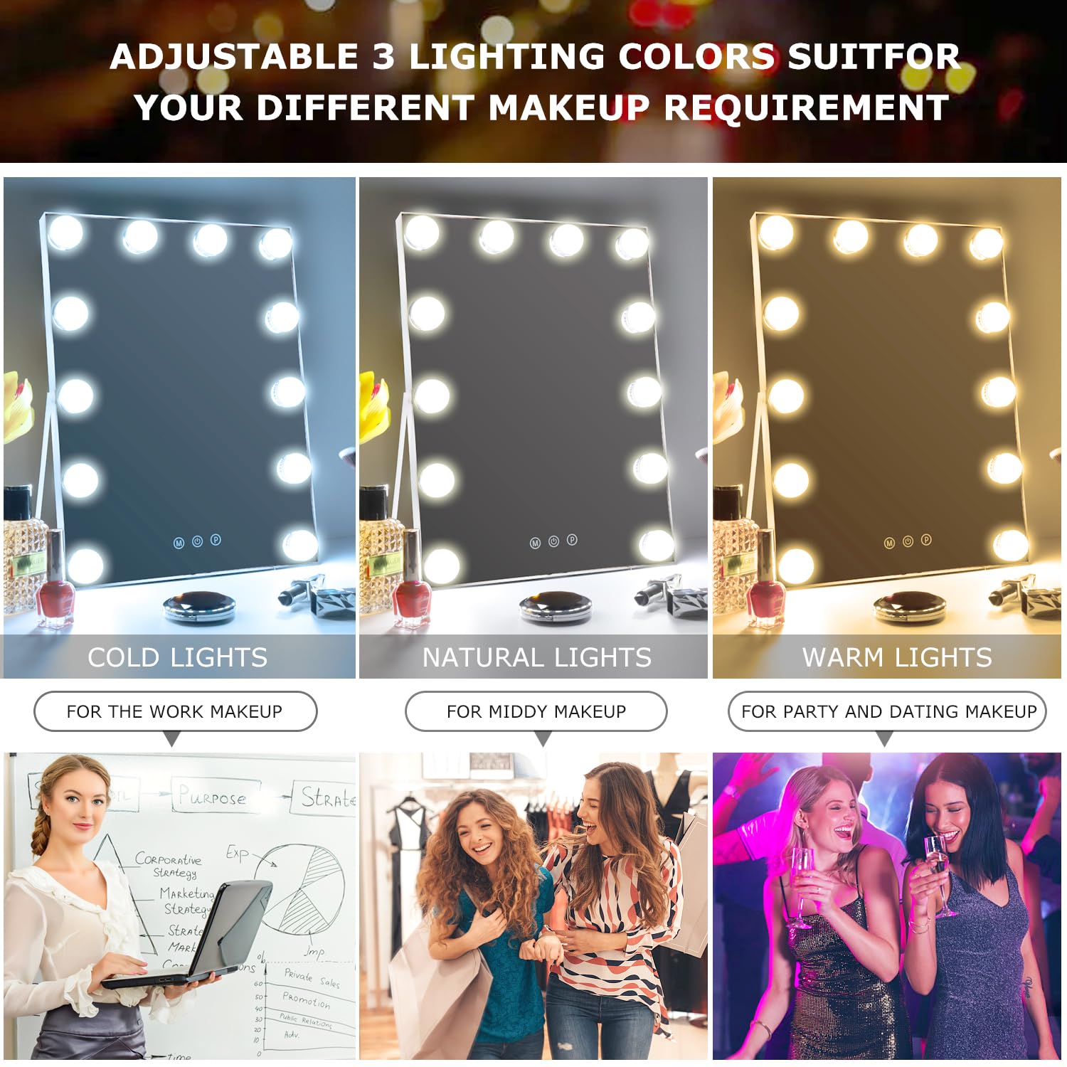Kucitup Espejo de tocador de 10 x 12 pulgadas con luces, espejo de maquillaje iluminado Hollywood con 3 modos de color y 12 bombillas LED de