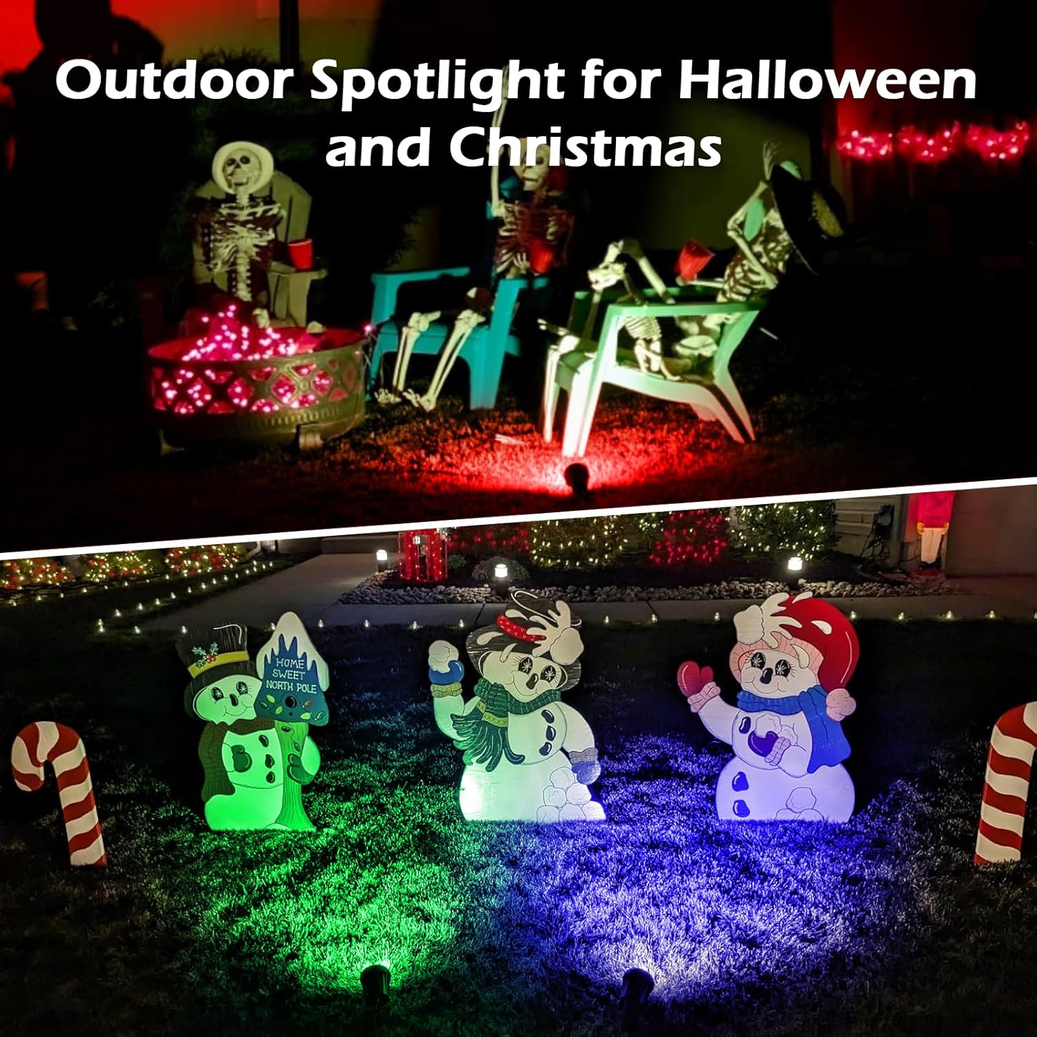Foco de Navidad de Halloween para exteriores focos LED de 10 W para exteriores, 2700 K, blanco cálido con 3 lentes adicionales (rojo, verde, azul)