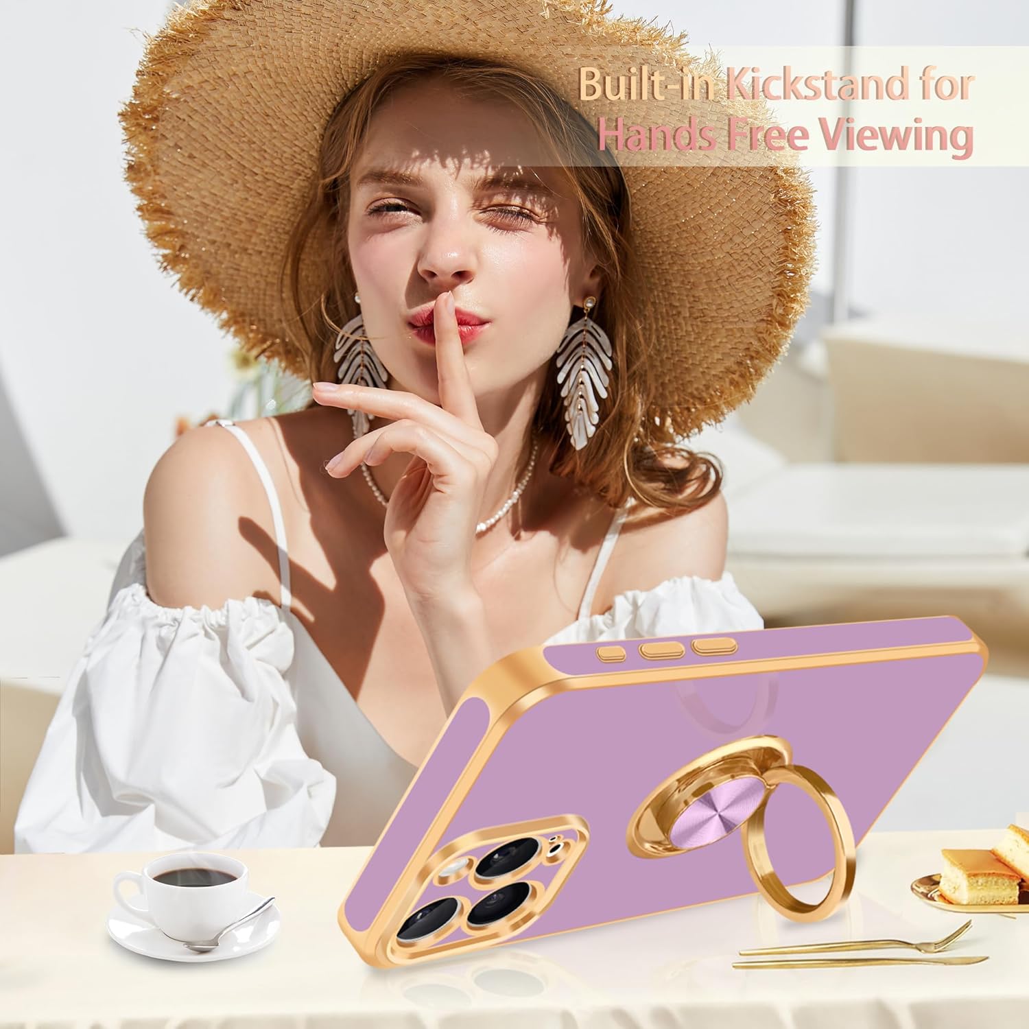 Fingic Funda para iPhone 15 Pro con soporte de anillo giratorio de 360 soporte magnético para automóvil chapado en oro brillante Funda protectora