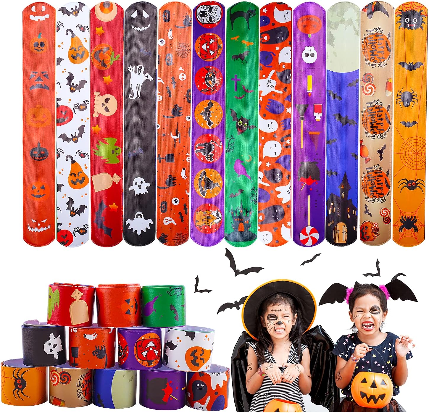 Pulseras de Halloween para niños, 36 pulseras de Halloween a granel, juguetes de fiesta de Halloween para niños, 12 pulseras de diseño diferentes a