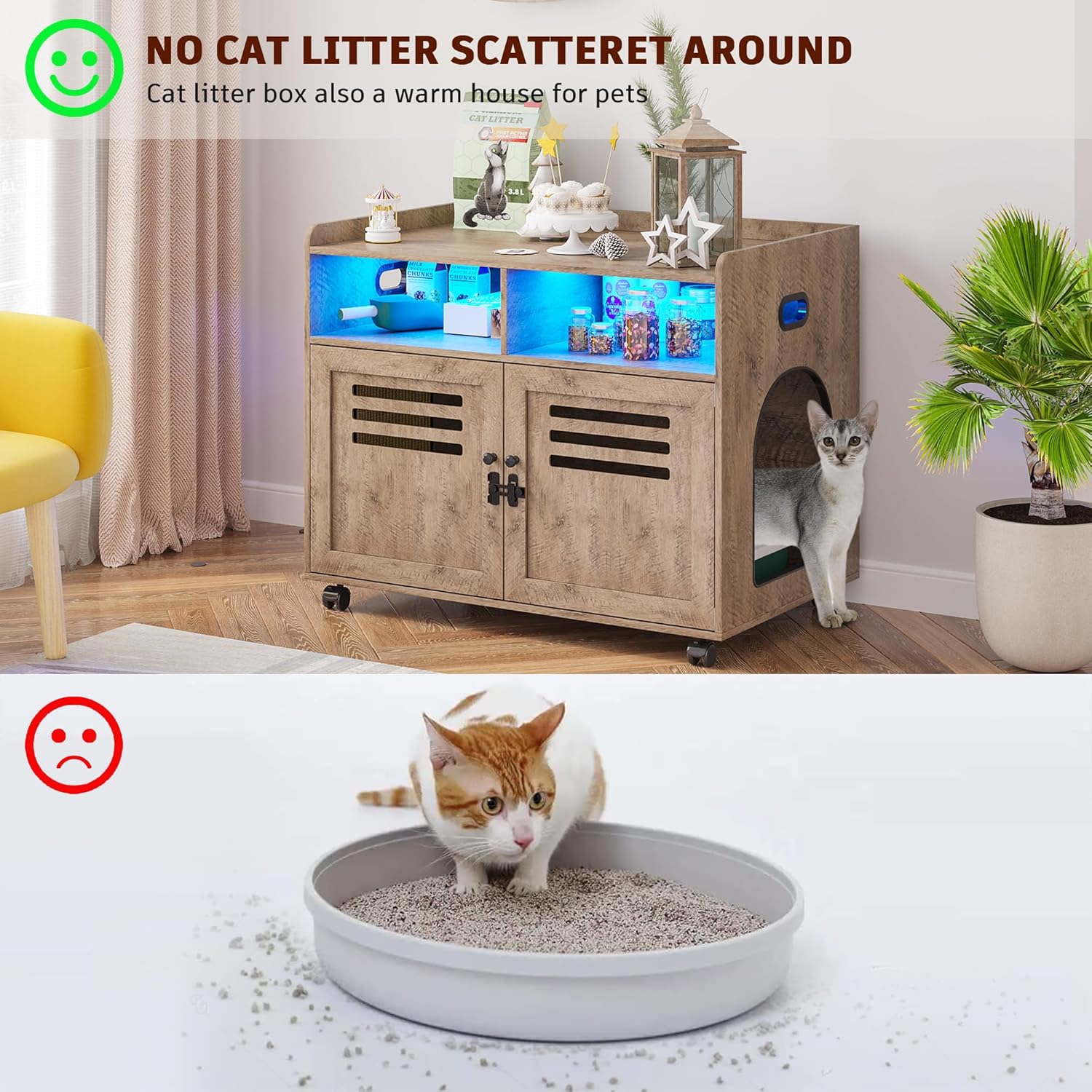 FOMNEY Caja de arena para gatos, mueble oculto con cuerpo humano, 3 luces LED de color, jaula para gatos con 2 cajones abiertos y 1 puerto USB, casa