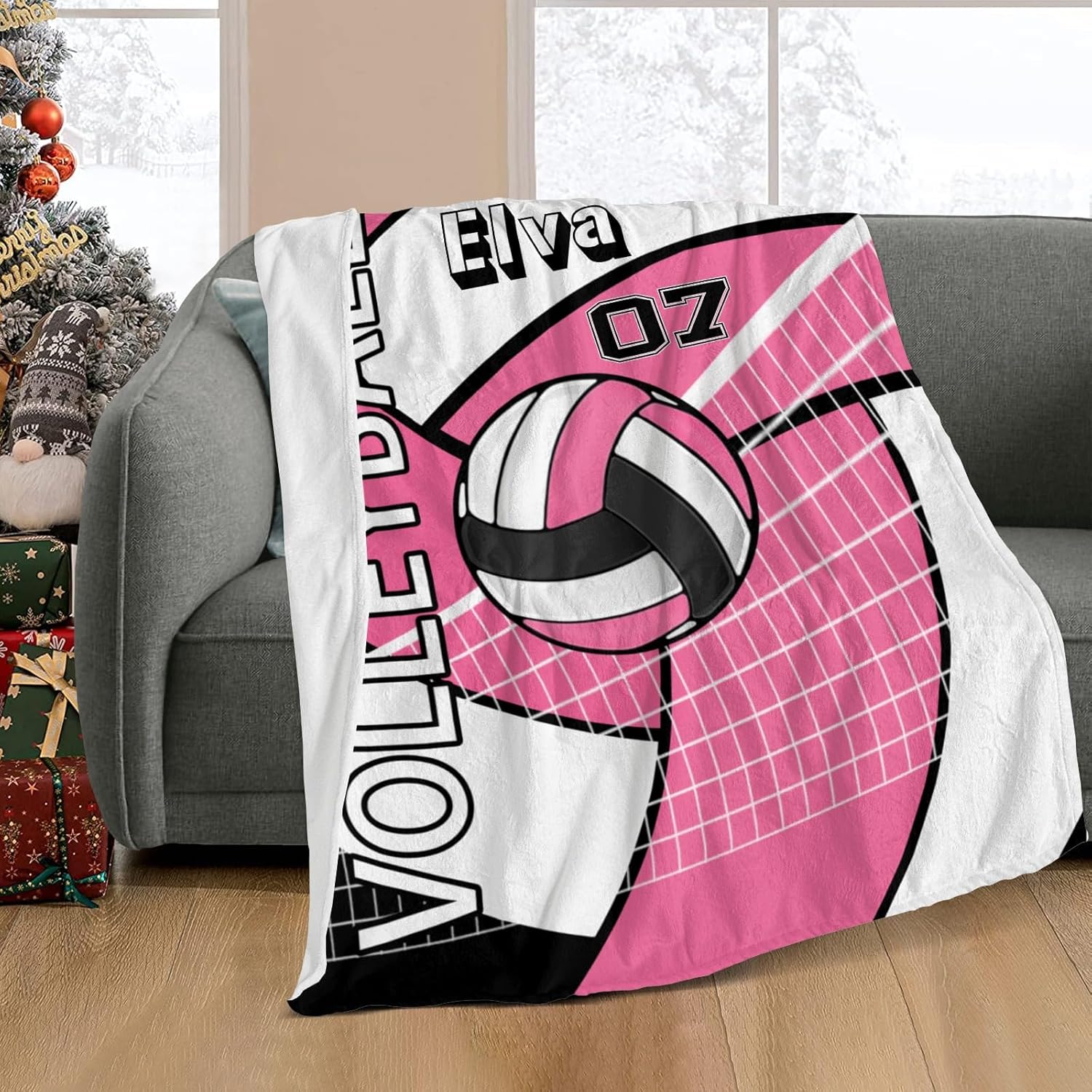 Manta personalizada con nombre y texto, manta personalizada de voleibol deportivo rosa súper suave para sofá, cama, 50 x 60 pulgadas
