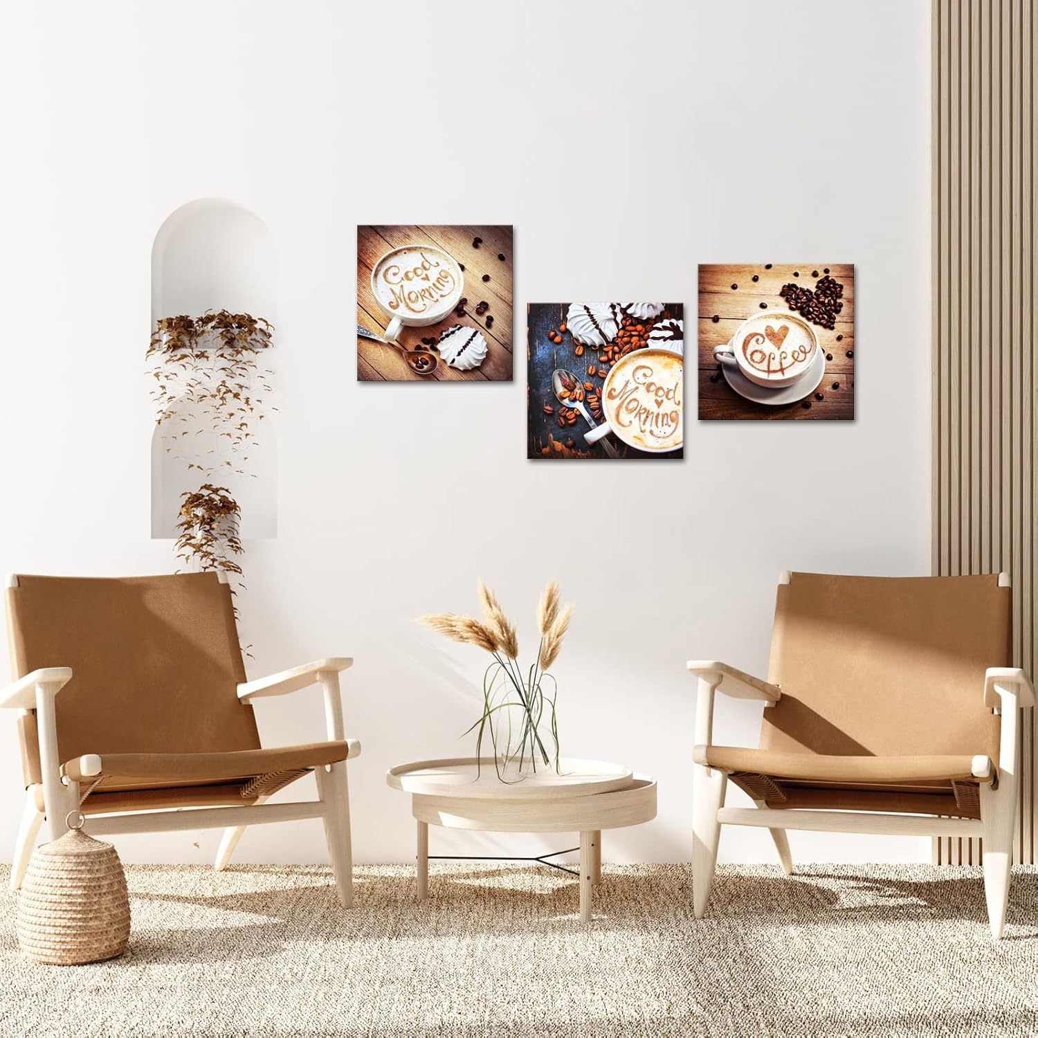 iLOOKLiKE 3 paneles de lienzo de cocina, arte de pared, granos de café, impresiones de imagen de taza de café en mesa de madera vintage, póster de