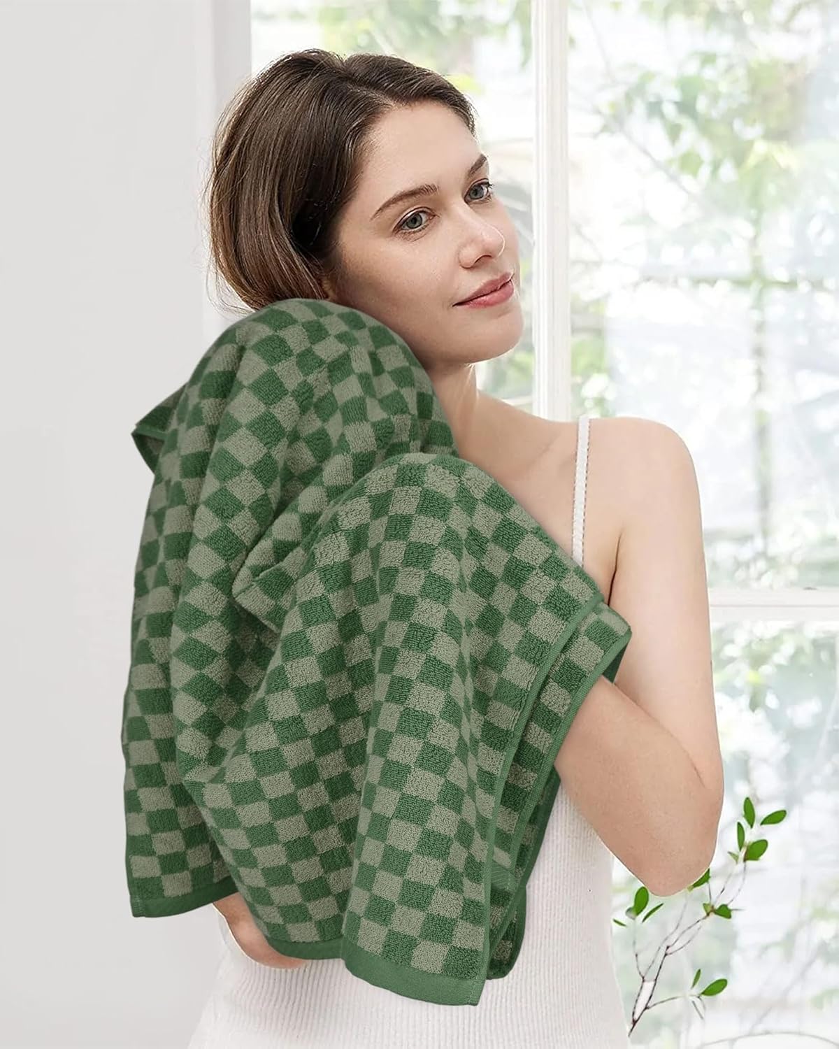 Toallas de baño de lujo para baño, color verde a cuadros (54 x 28 pulgadas), toallas de ducha de algodón suave y absorbente de 480 GSM, paquete de