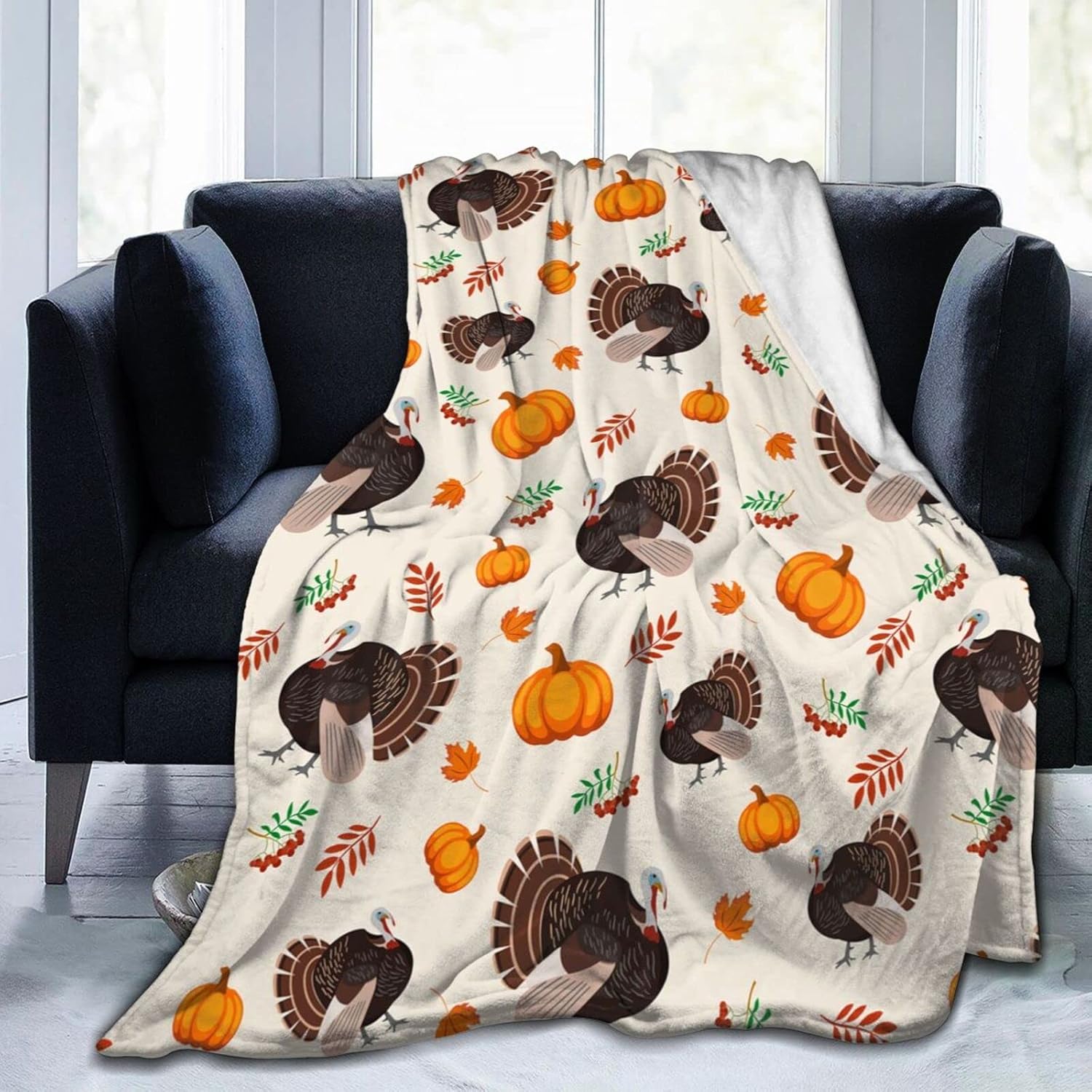 Manta de franela de calabaza y pavo, súper suave, ligera, para el día de Acción de Gracias, para sofá o cama, manta ultra cálida y acogedora para