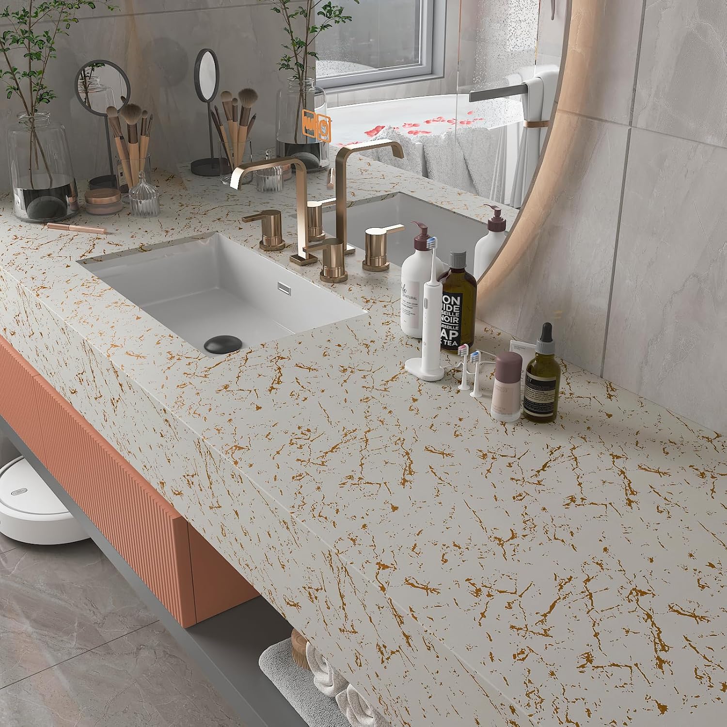 CHIHUT Papel tapiz de mármol mate de 17.7 x 100 pulgadas, color oro blanco, encimeras de despegar y pegar, para cocina, impermeable, extraíble,