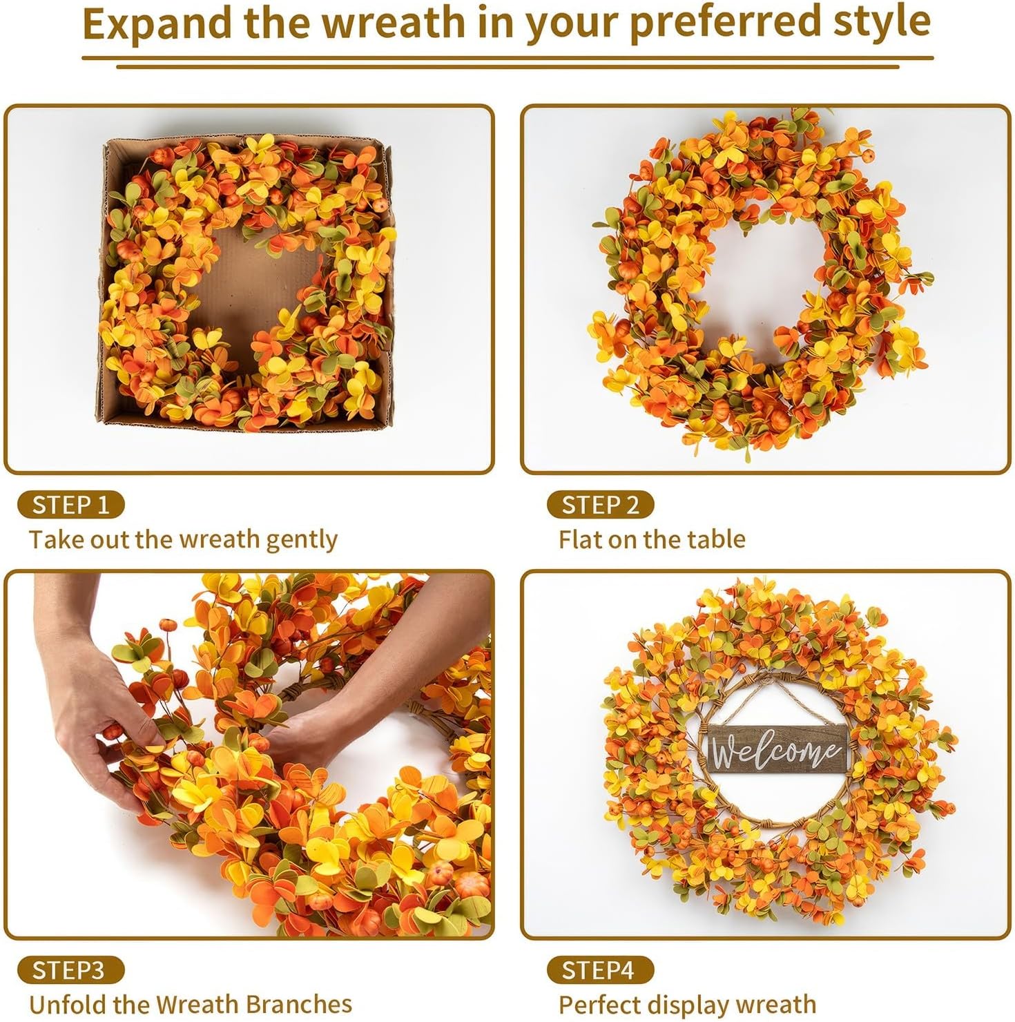 Yawwind Corona artificial de otoño de 20 pulgadas, corona de otoño para puerta delantera, corona de eucalipto con letrero de bienvenida para