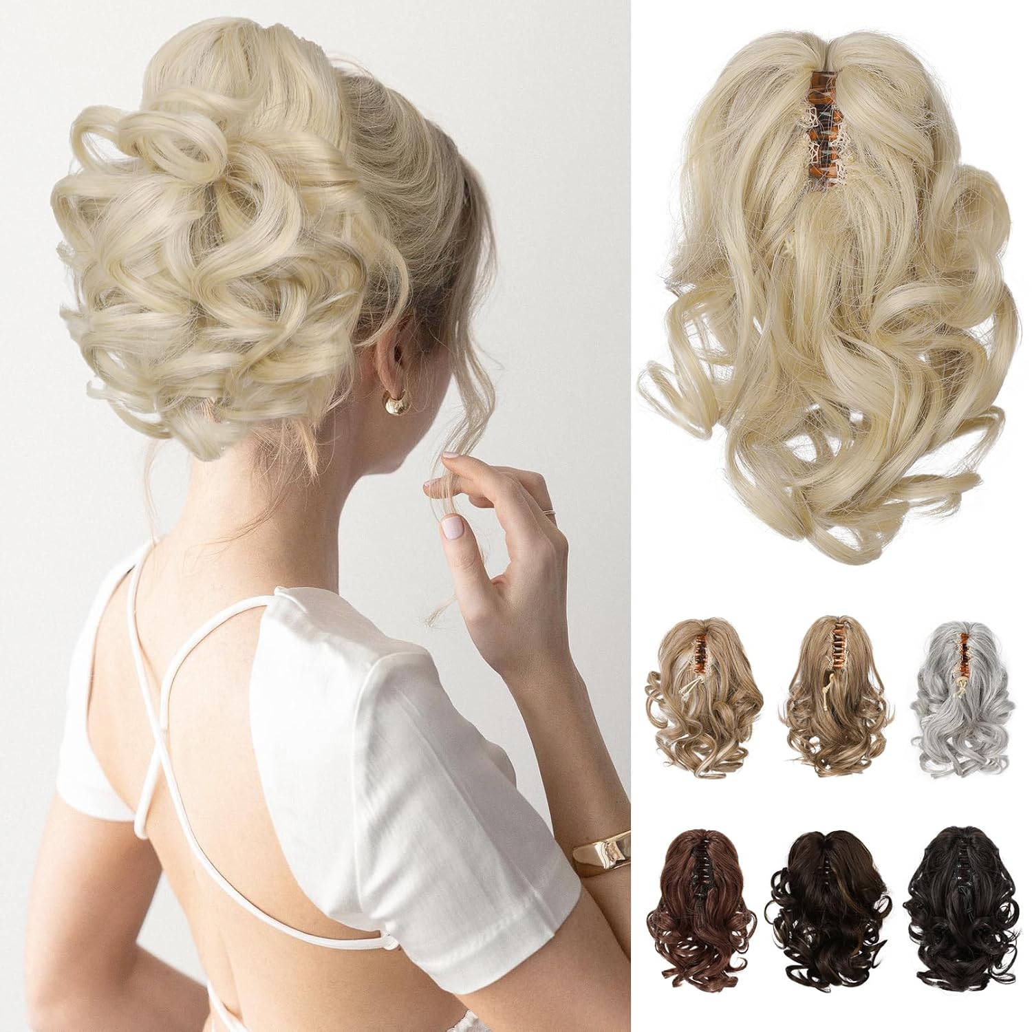 HOOJIH Extensión de cola de caballo con clip de garra, cola de caballo corta de 9 pulgadas, extensiones de cabello rizado ondulado y grueso,
