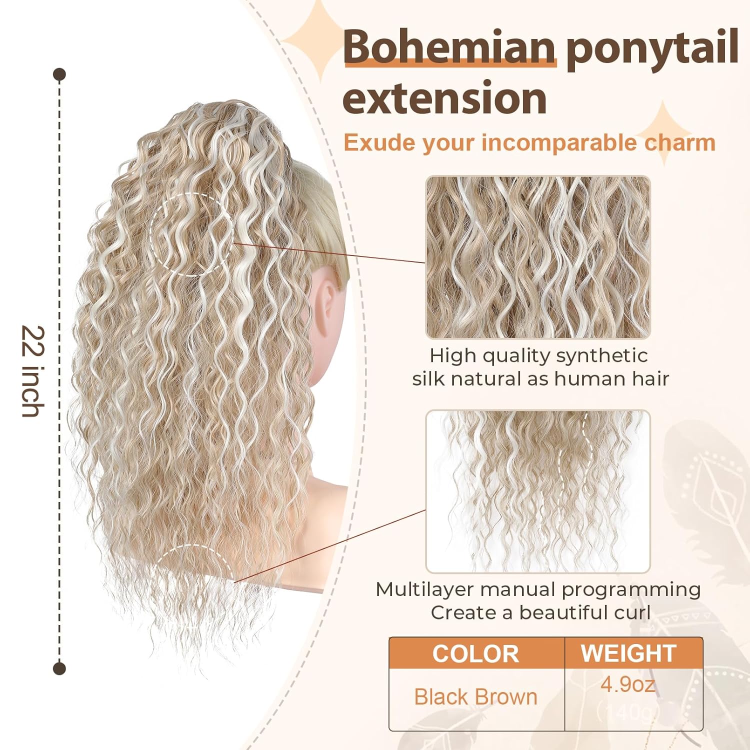 FLUFYMOOZ Extensión de cola de caballo, 22 pulgadas, estilo bohemio, con cordón, extensiones de cabello para mujer, cola de caballo larga y rizada,