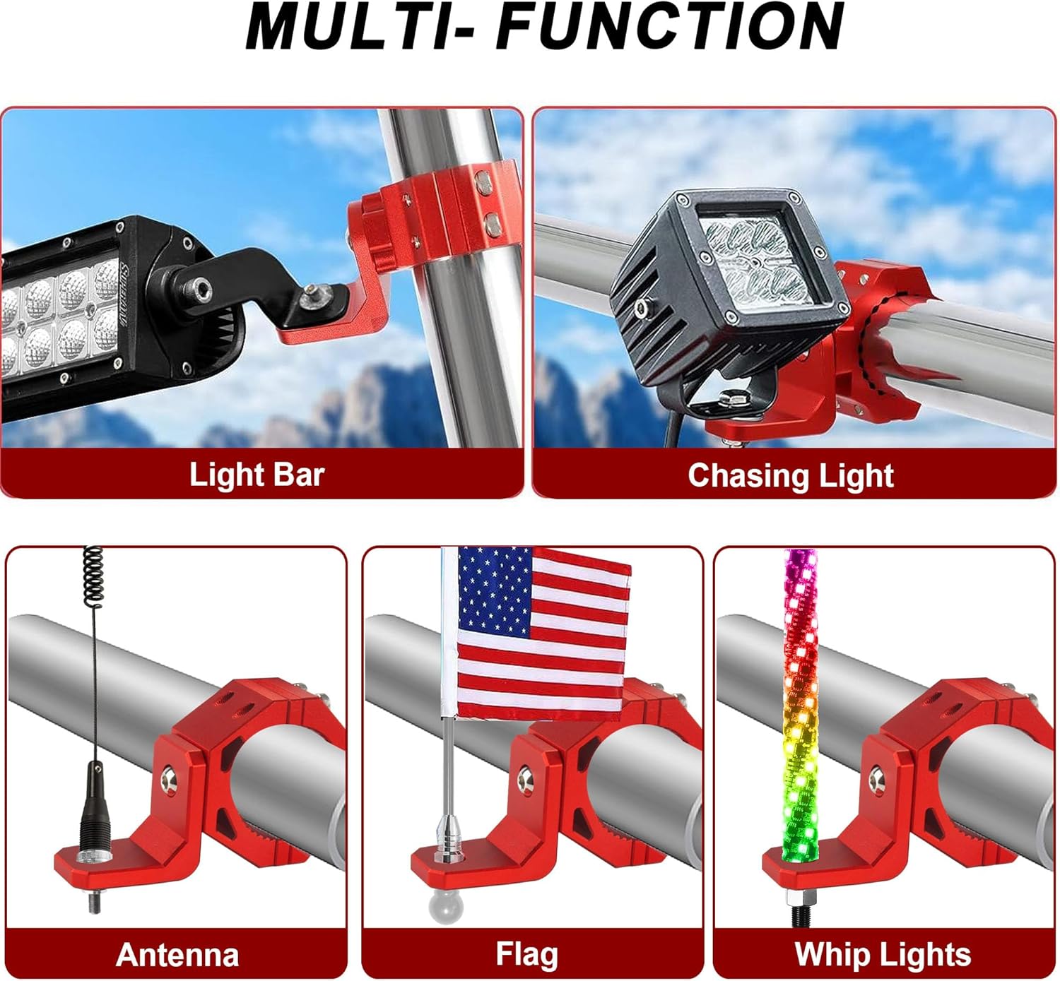 Soporte de luz para látigo UTV, 2 soportes de bandera de luz UTV, abrazaderas giratorias de aleación de aluminio de 360, se adapta perfectamente a