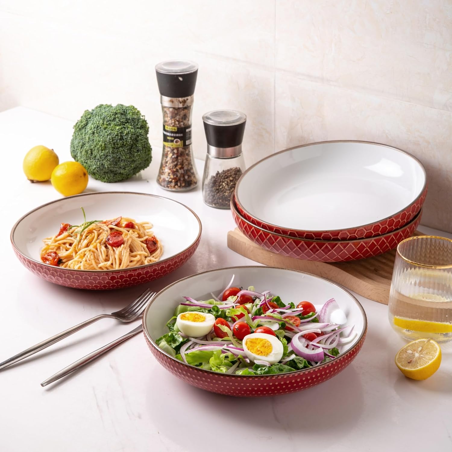 Tazones grandes para pasta de 9.5 pulgadas, cuencos de cerámica de 42 onzas para cocina, cuencos de cerámica con patrón texturizado para pasta,