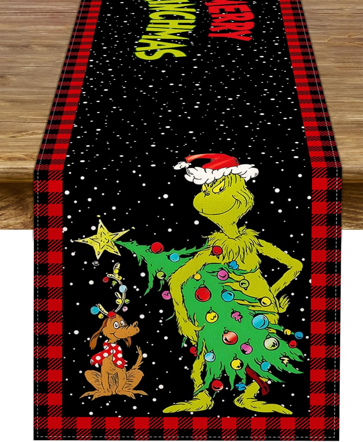 Camino de mesa Grinchmas Merry Christmas Whoville para fiestas de invierno, cocina, chimenea, comedor, decoración del hogar (negro y rojo, 13 x 72