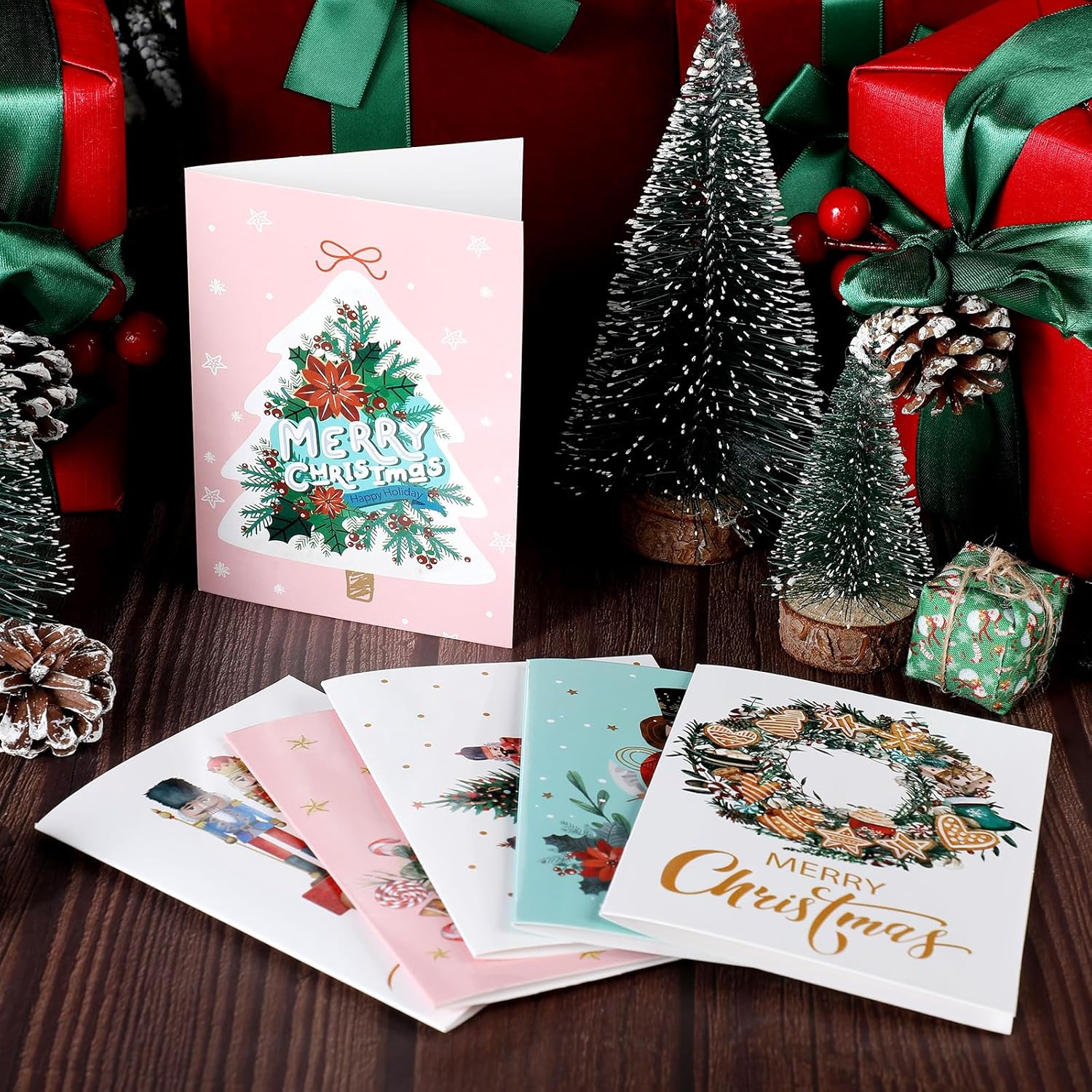 Colarr 60 juegos de tarjetas navideñas con sobres y calcomanías, tarjetas de notas festivas de Navidad, cascanueces, tarjetas de felicitación,