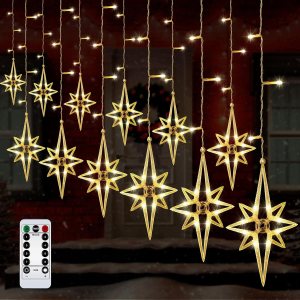 VIHOSE Guirnalda de luces de cortina de estrellas de Navidad, 138 LED, 16 luces Polaris para ventana, enchufables con 8 modos de luces colgantes VIHOSE Guirnalda de luces de cortina de estrellas de Navidad, 138 LED, 16 luces Polaris para ventana, enchufables con 8 modos de luces colgantes