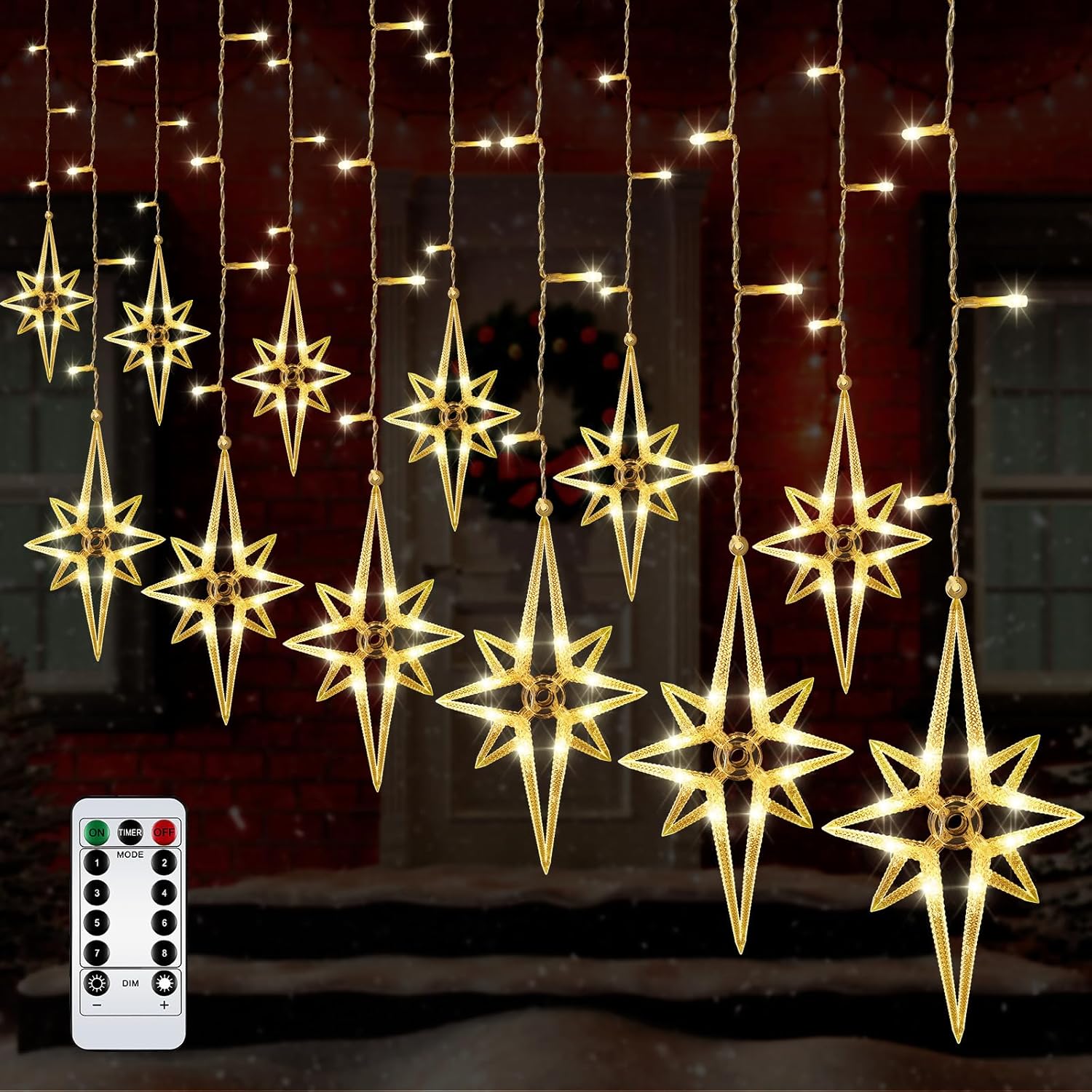 VIHOSE Guirnalda de luces de cortina de estrellas de Navidad, 138 LED, 16 luces Polaris para ventana, enchufables con 8 modos de luces colgantes