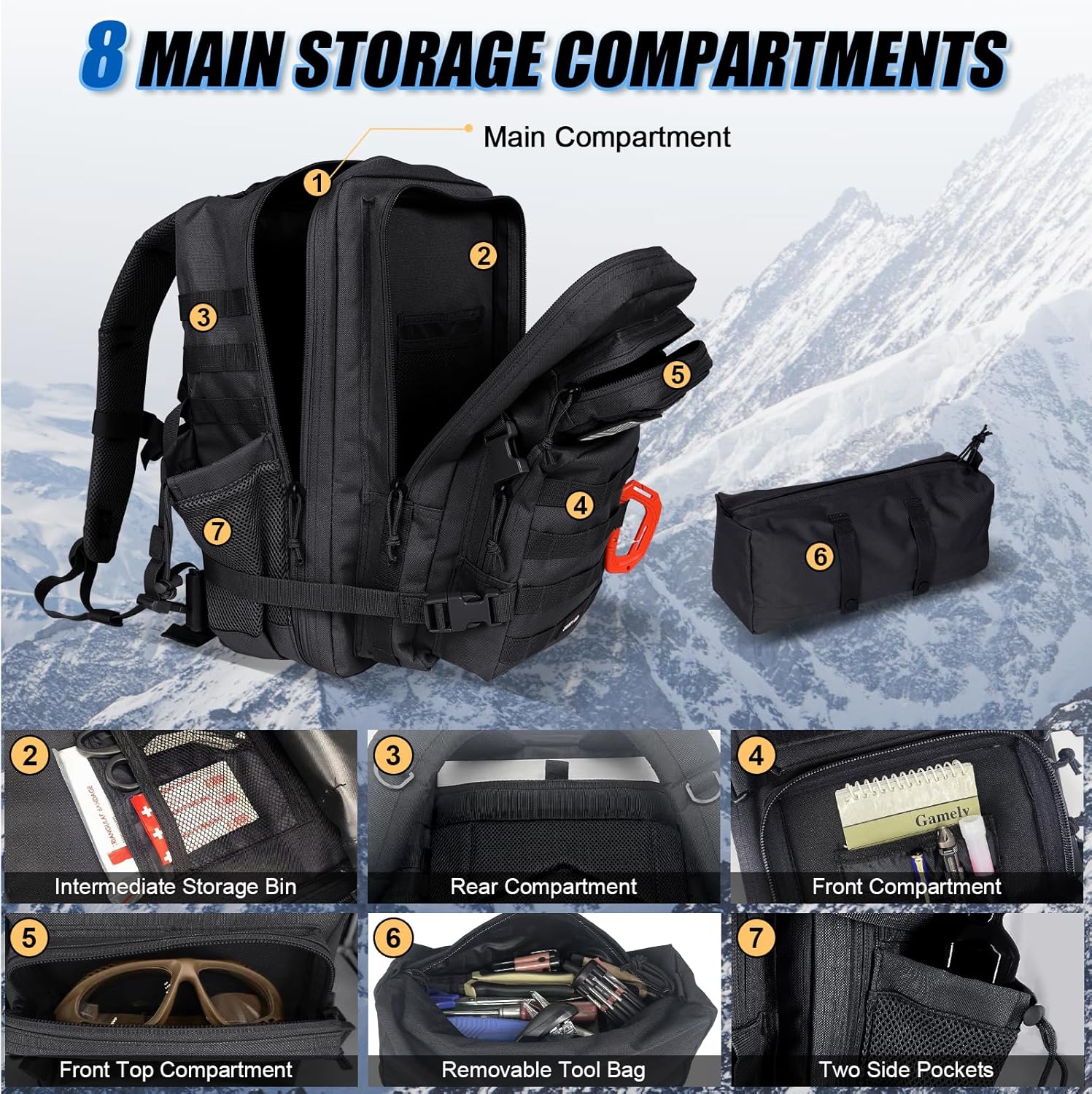 Mochila táctica militar, paquete impermeable del ejército de 45L, mochila para portátil con múltiples bolsillos, bolsa de 3 días, Negro -, Mochilas