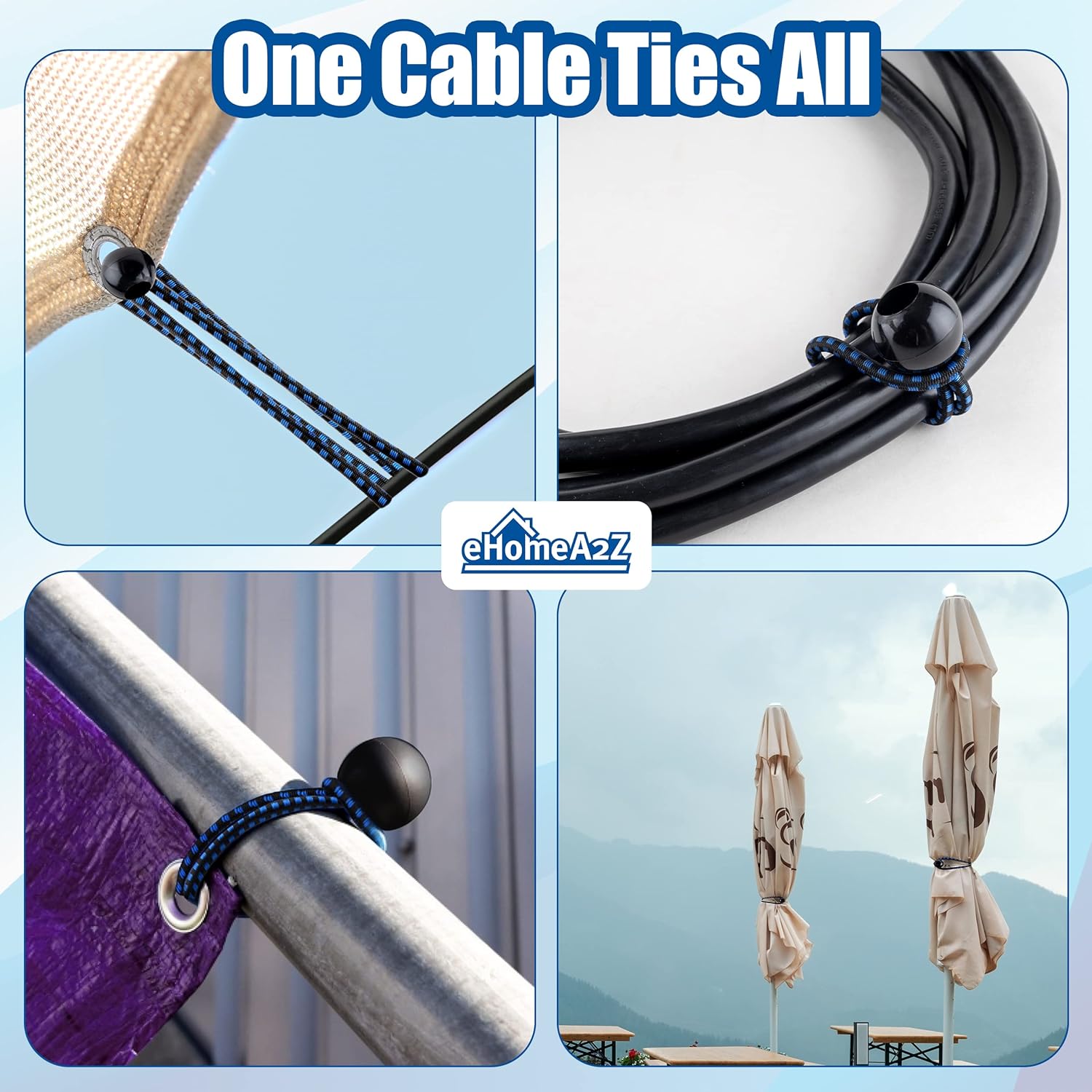 eHomeA2Z Paquete de 50 bungee de bolas de 9 pulgadas, color negroazul, resistente a la intemperie, 0.197 in de grosor para camping, lona, tienda de