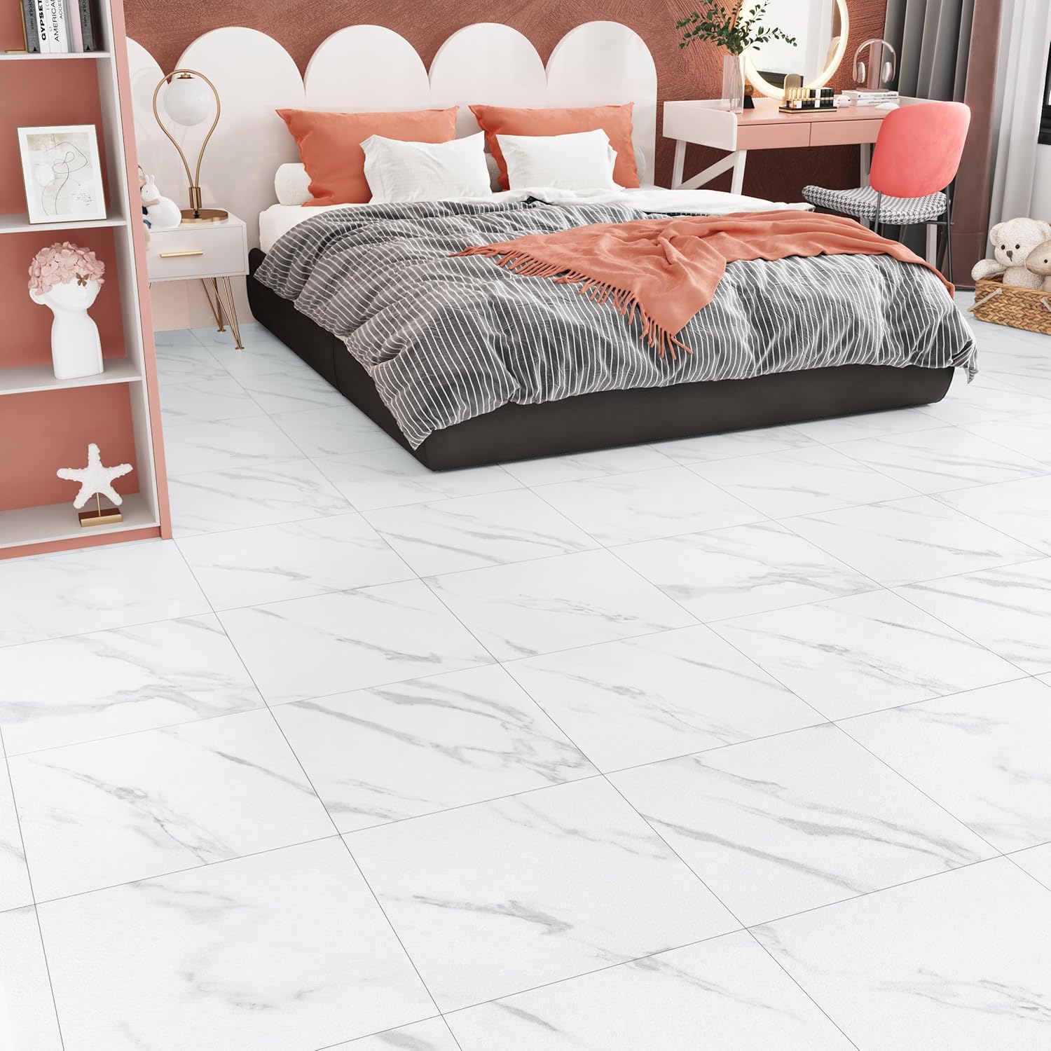 WESTICK Azulejos de suelo blancos para despegar y pegar, 20 azulejos de mármol para despegar y pegar, impermeables, suelos de vinilo autoadhesivos