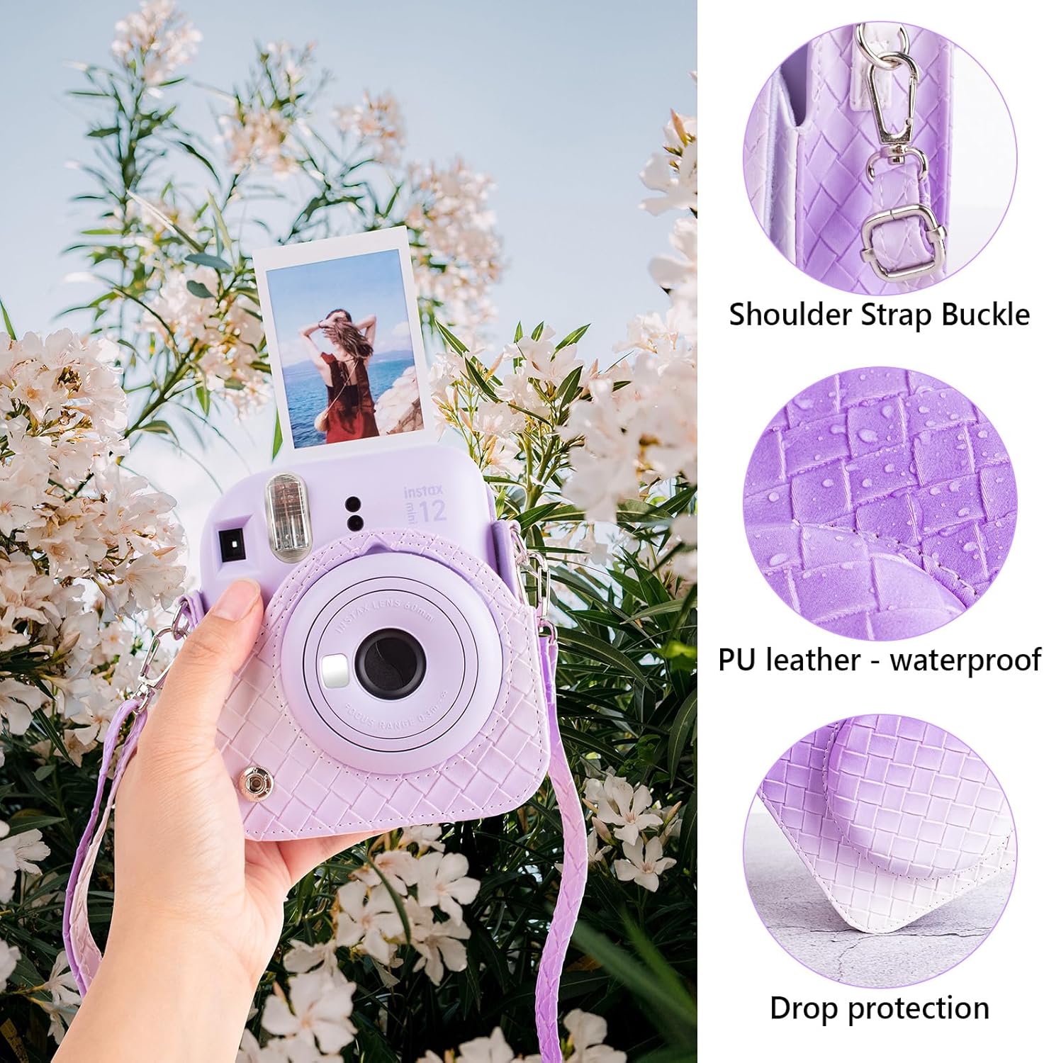 MUZIRI KINOKOO Funda para cámara de película instantánea Fujifilm Instax Mini 12Polaroid Mini 12, funda protectora de piel sintética con tejido