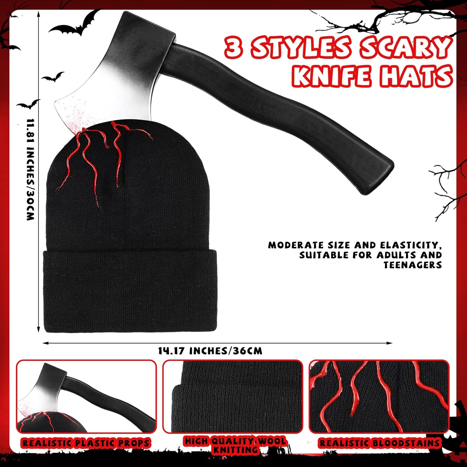 Suhine 3 piezas de sombrero de cuchillo aterrador de zombi de Halloween, accesorios de disfraz de zombi, sombrero de terror con hacha de cuchillo