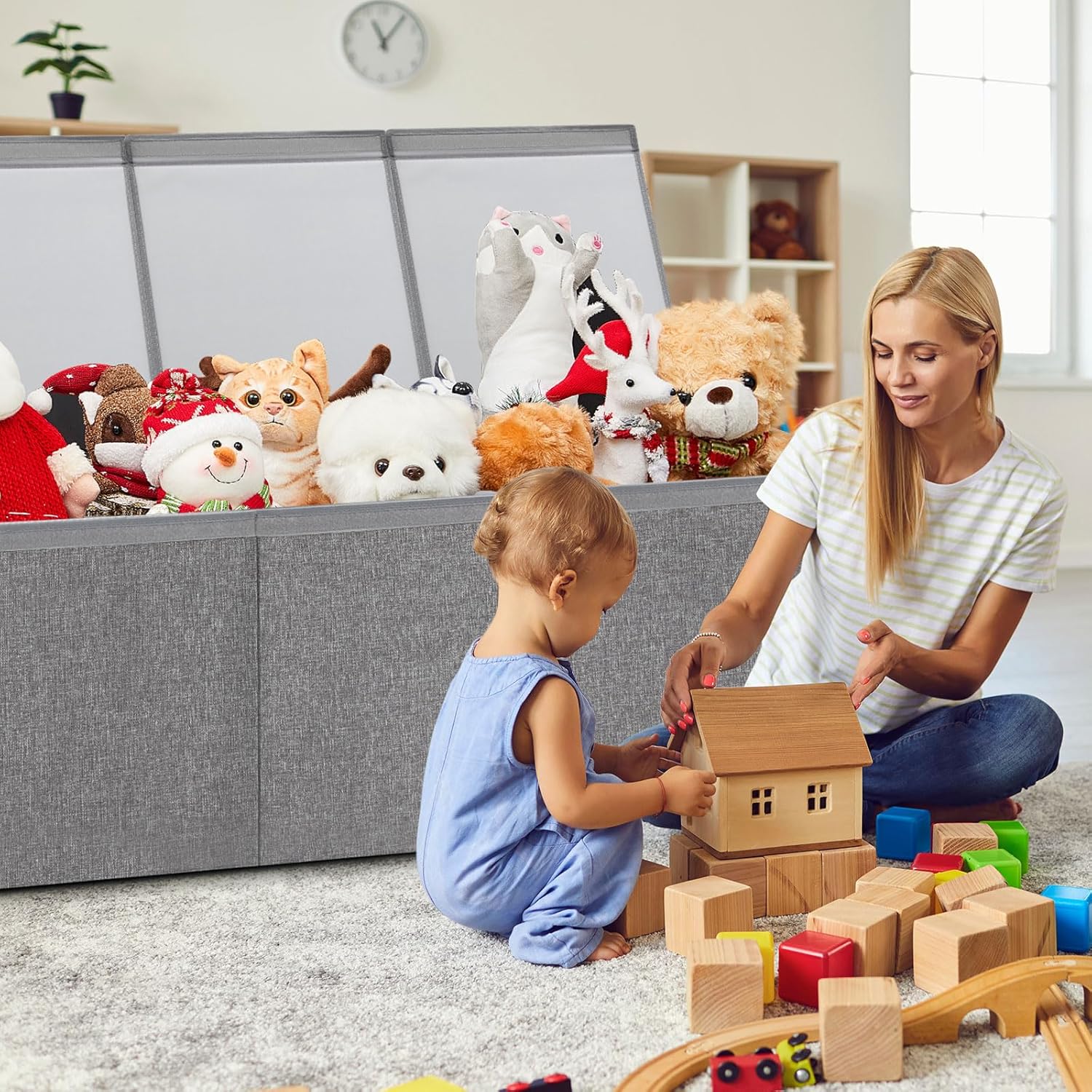 Patelai Caja de juguetes grande plegable y resistente con tapa y asas, caja de juguetes de Navidad, organizador de almacenamiento para sala de