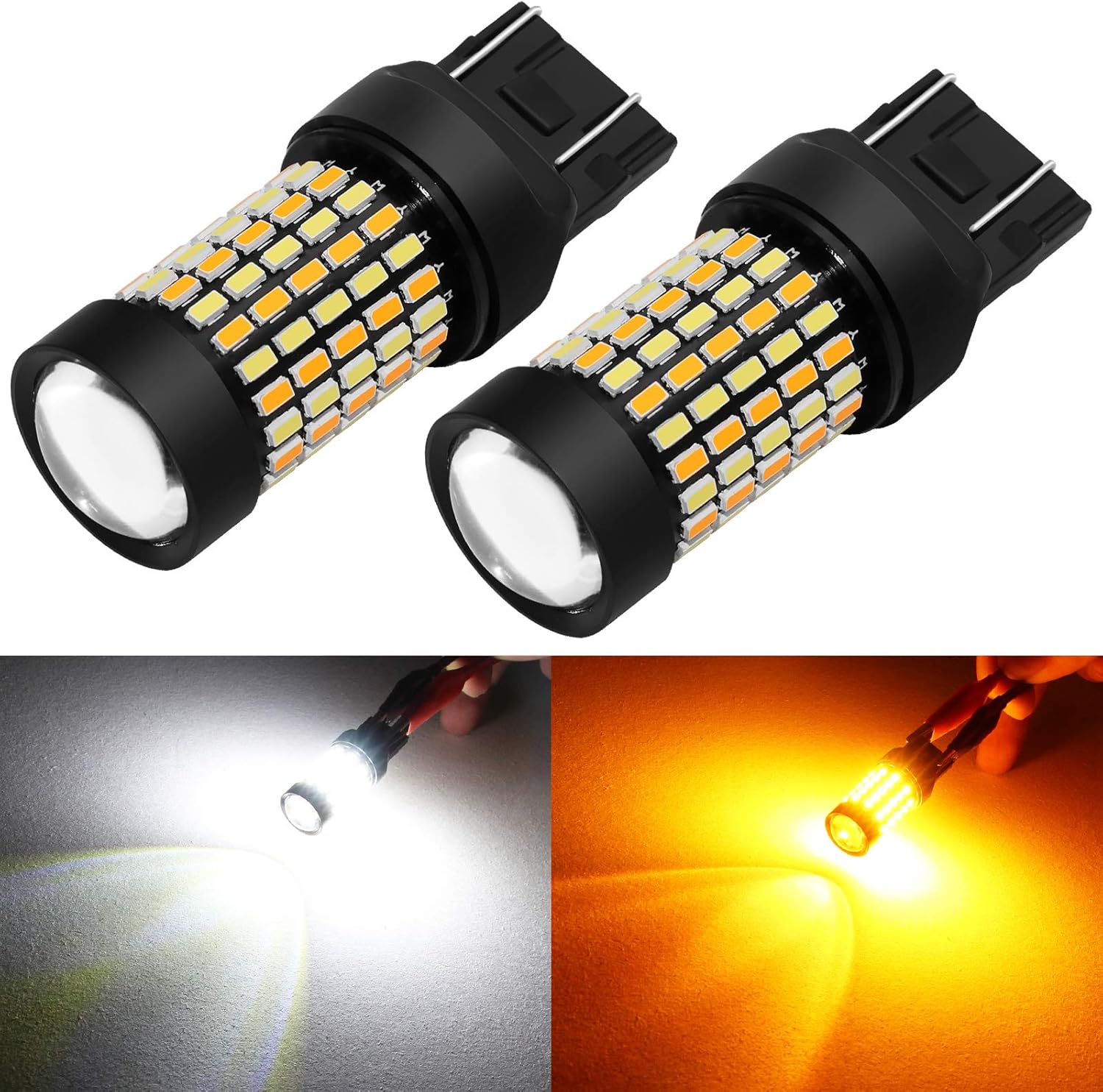 PHINLION Bombillas LED de doble color ámbar blanco superbrillante Switchback 7443 7443na 7444 7444na con proyector para luces de estacionamiento