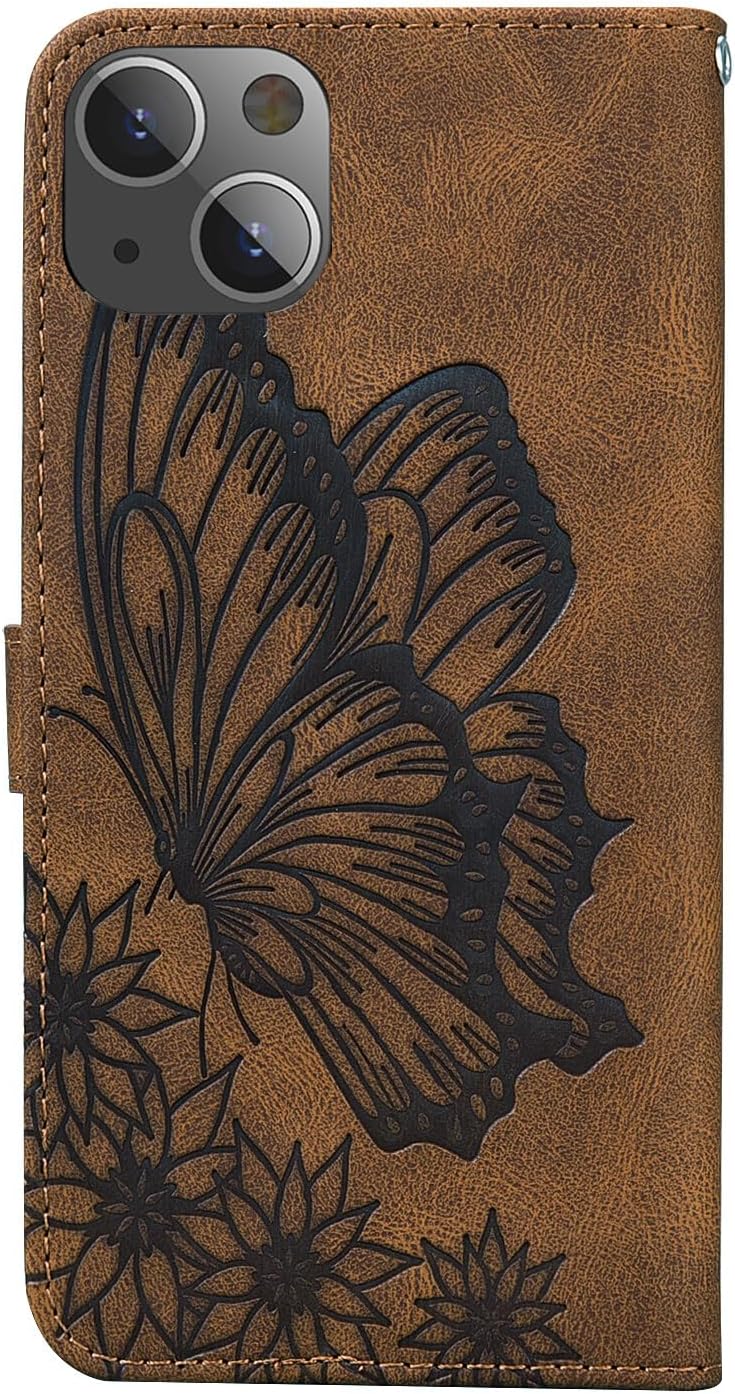 Funda tipo cartera compatible con iPhone 15, piel sintética, diseño de mariposa, funda de silicona suave con tarjetero y función atril, cierre
