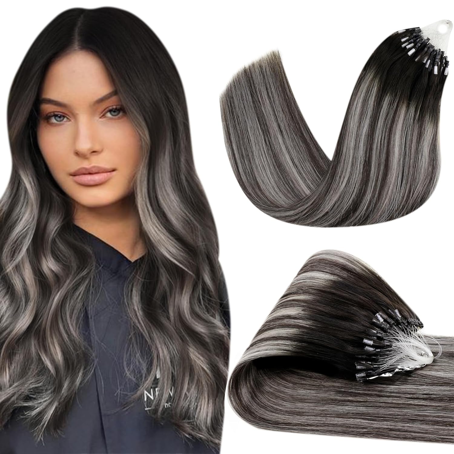 Hetto Micro Loop – Extensiones de cabello humano real de microcuentas preunidas, #1bplateado, negro degradado a plateado con micro enlace,