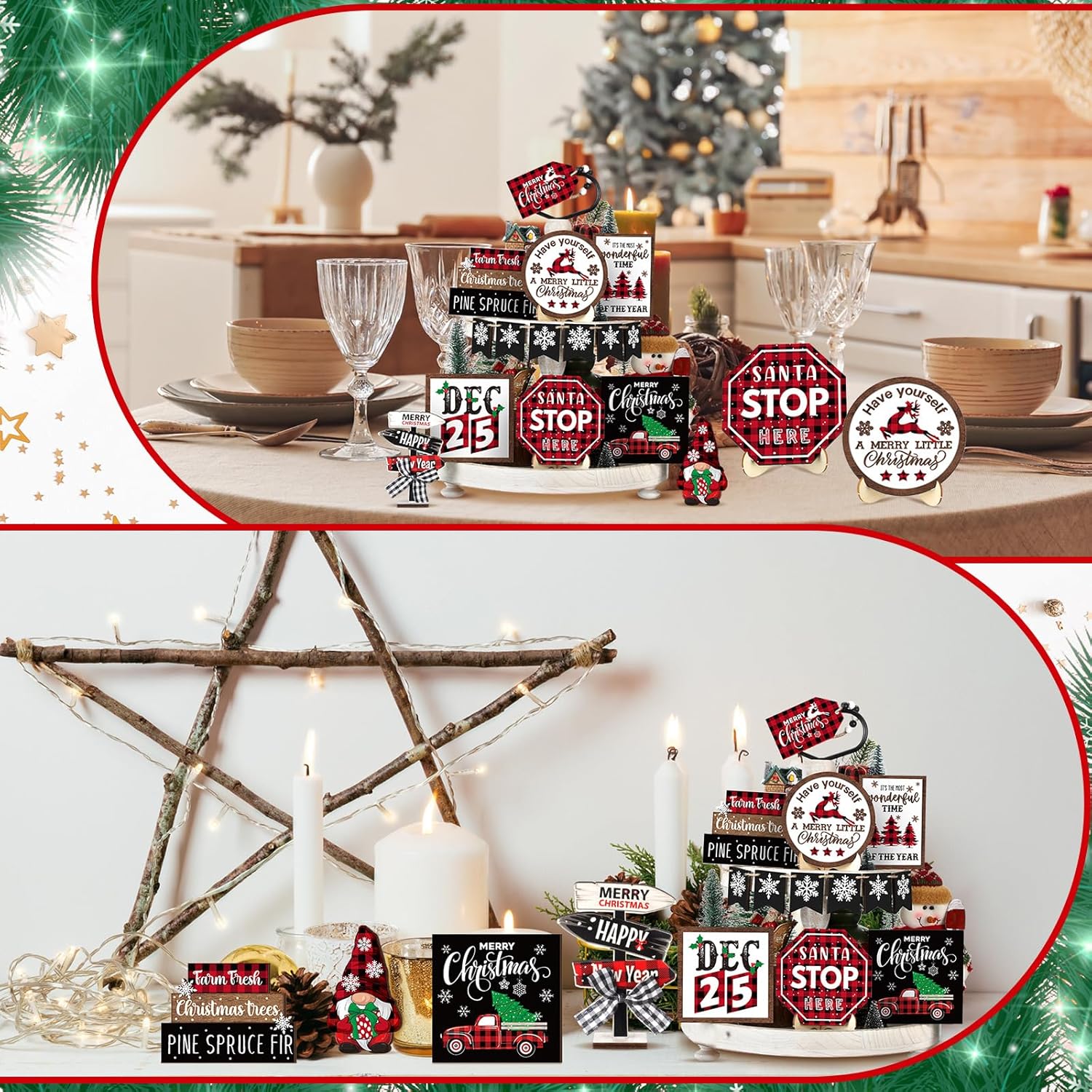 Decoración de bandeja escalonada de Navidad, juego de decoraciones de bandeja escalonada de invierno, muñeco de nieve, copo de nieve, gnomo, camión,