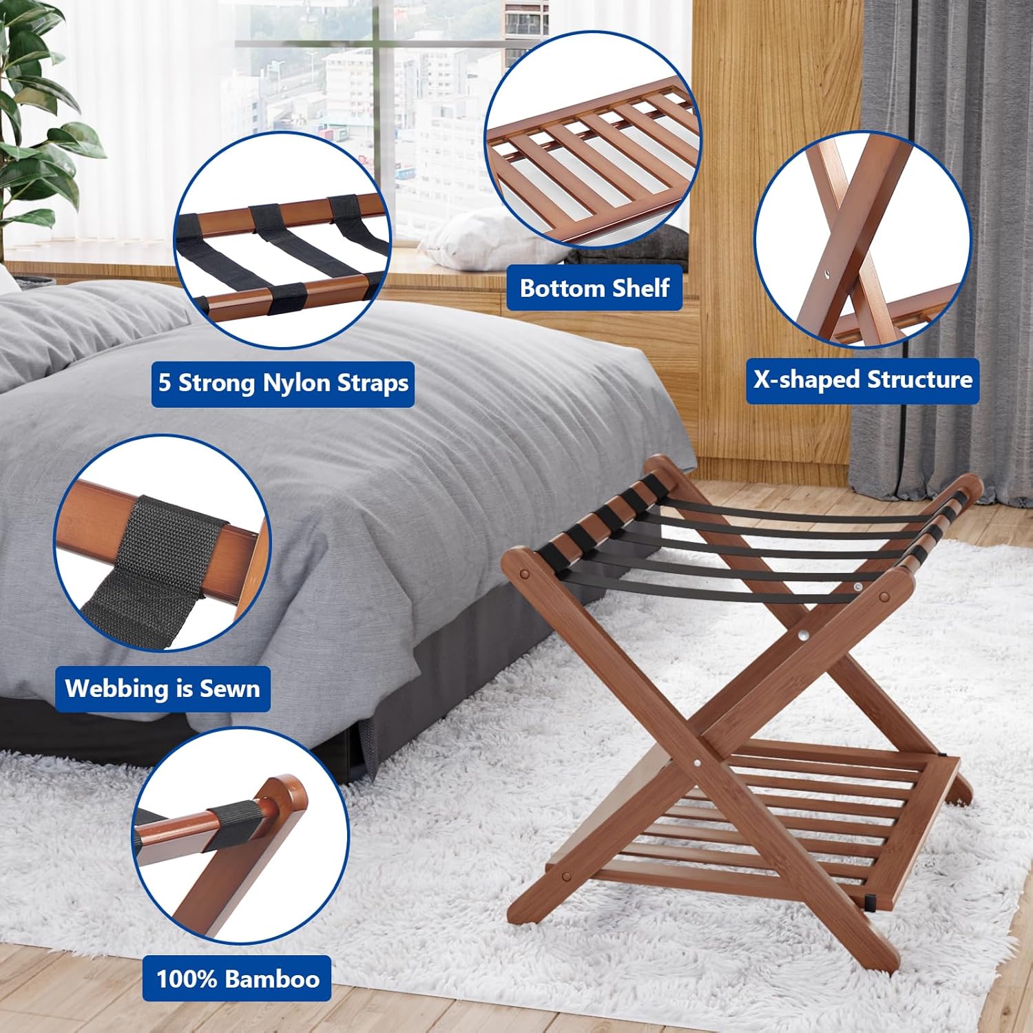 Portaequipajes de nogal totalmente montado, soporte de maleta plegable de bambú mejorado con 5 correas de nailon, soporte de equipaje con estante