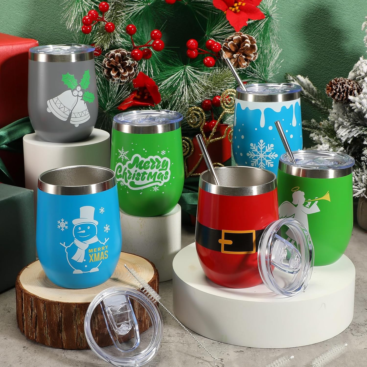Gejoy Vaso de Navidad, vaso de acero inoxidable de 12 onzas con tapa, taza de vino de viaje, botella de té, taza de café de doble capa al vacío de
