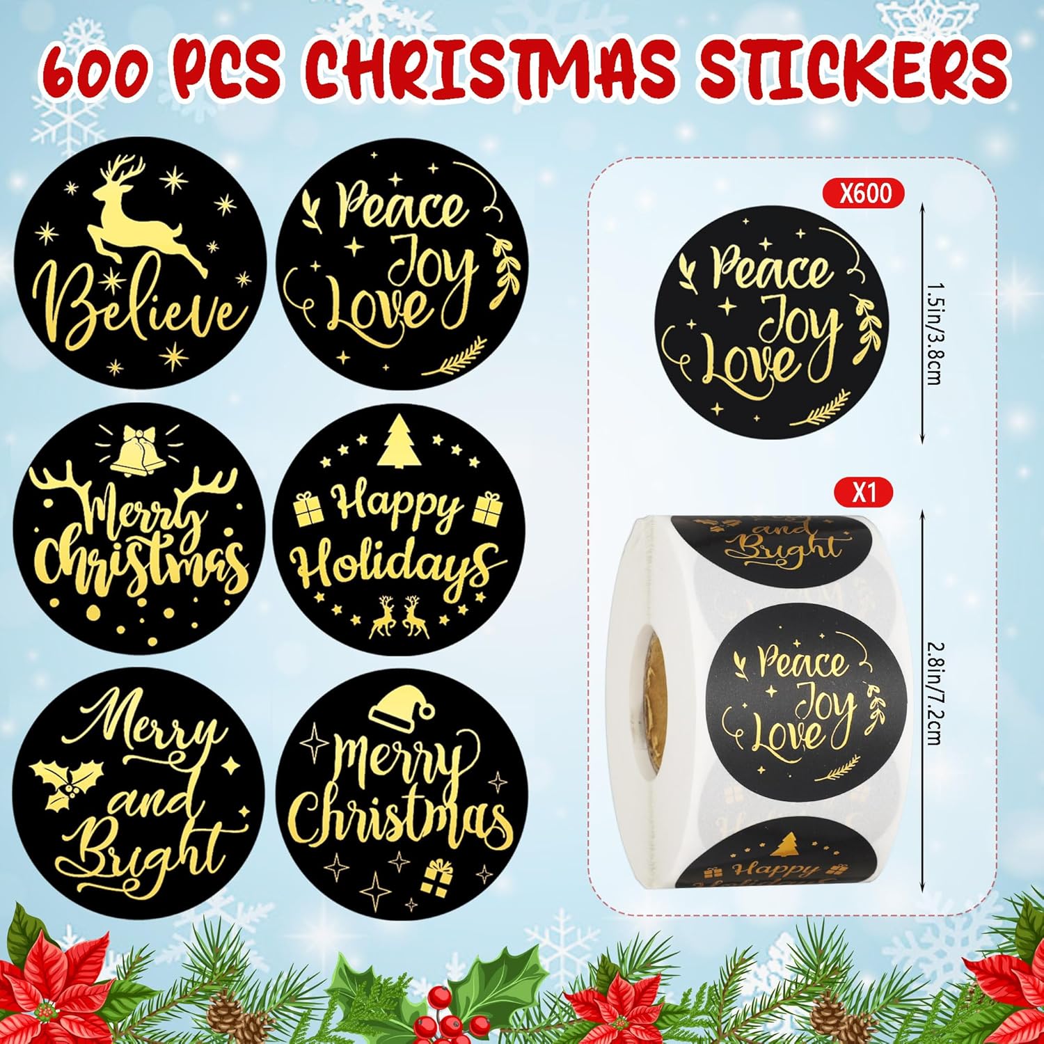 600 calcomanías de Feliz Navidad, calcomanías de sello de Navidad, calcomanías de rollo de sobres, etiquetas redondas negras y doradas, calcomanías