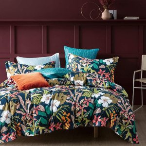 Eikei Juego de funda de edredón con estampado botánico azul medianoche, de algodón egipcio, moderno, de lujo, minimalista, hoja de palma, azul Eikei Juego de funda de edredón con estampado botánico azul medianoche, de algodón egipcio, moderno, de lujo, minimalista, hoja de palma, azul