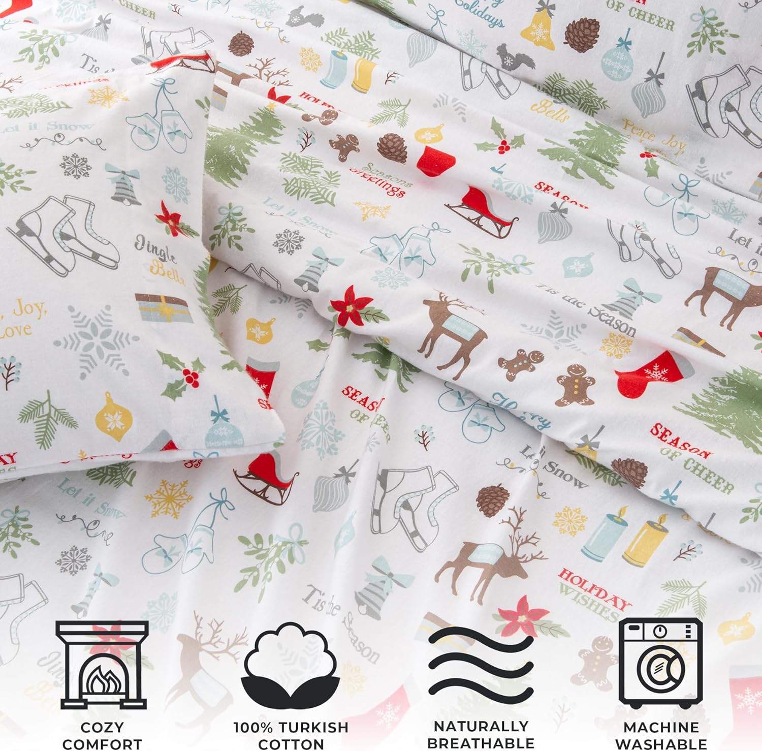 Great Bay Home Juego de sábanas de Navidad de franela de algodón turco 100 %, bajera con gran caída lateral, suaves, para tener una cama cálida,