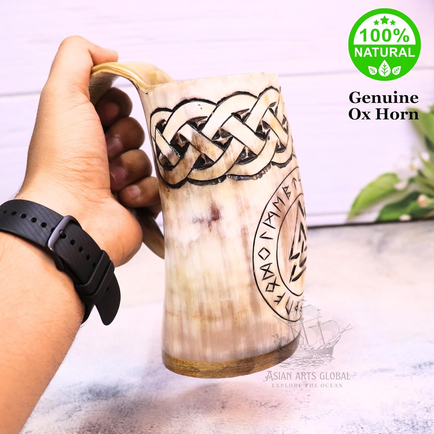 Viking Nordic Tankard – Taza de cerveza medieval  Cuerno de buey genuino  Taza The Valknut de 18-22 onzas