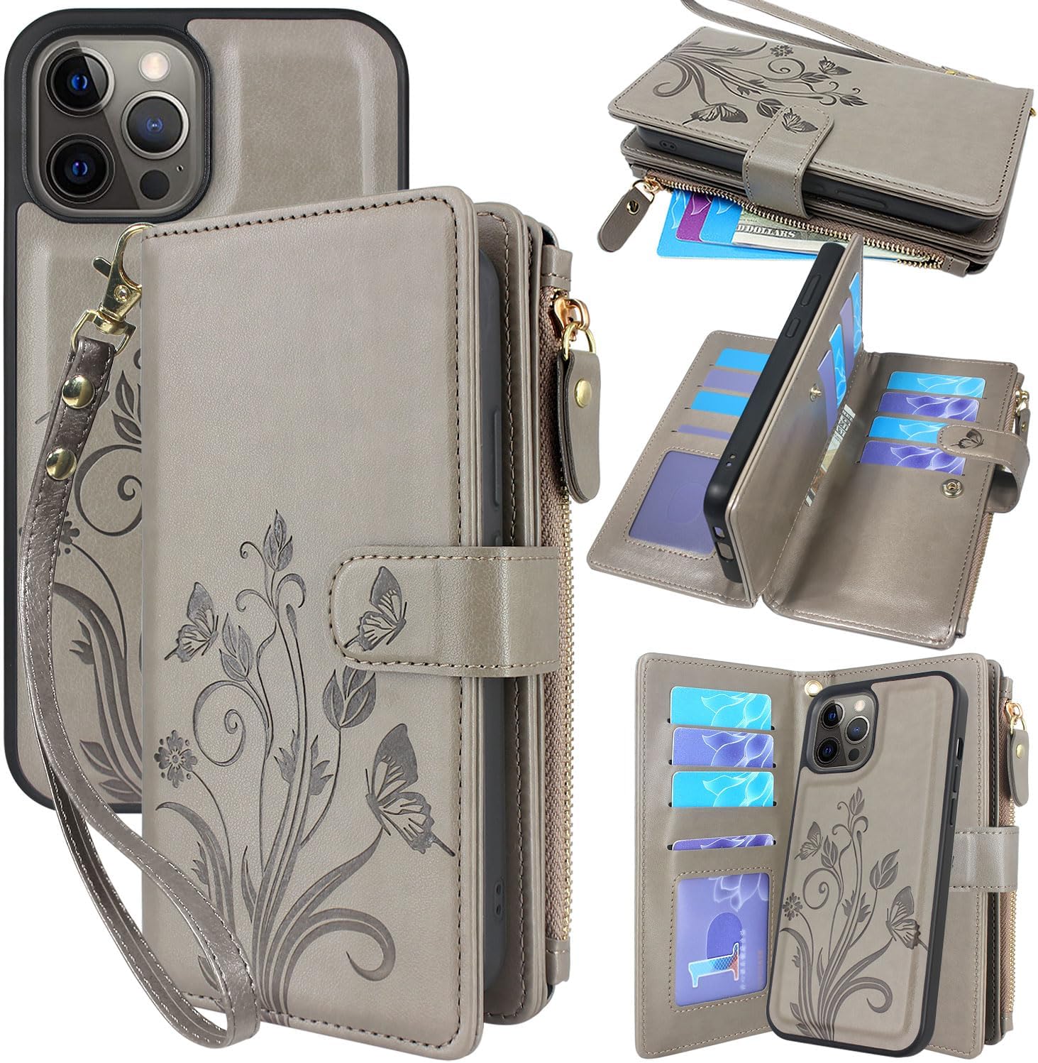 Lacass Funda compatible con iPhone 12 Pro Max 12 ranuras para tarjetas Funda para tarjetas de identificación y crédito, bolsillo con cremallera,