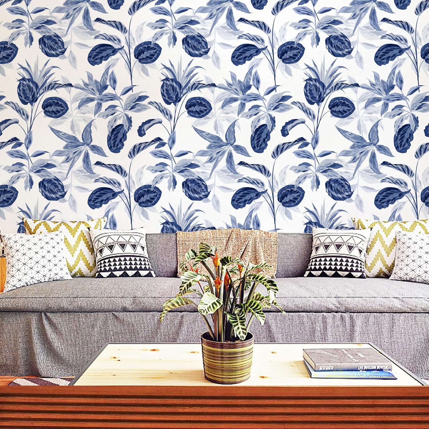Papel tapiz adhesivo floral para despegar y pegar, extraíble, hojas azules, bohemio, fácil de despegar, autoadhesivo, moderno, impermeable, para