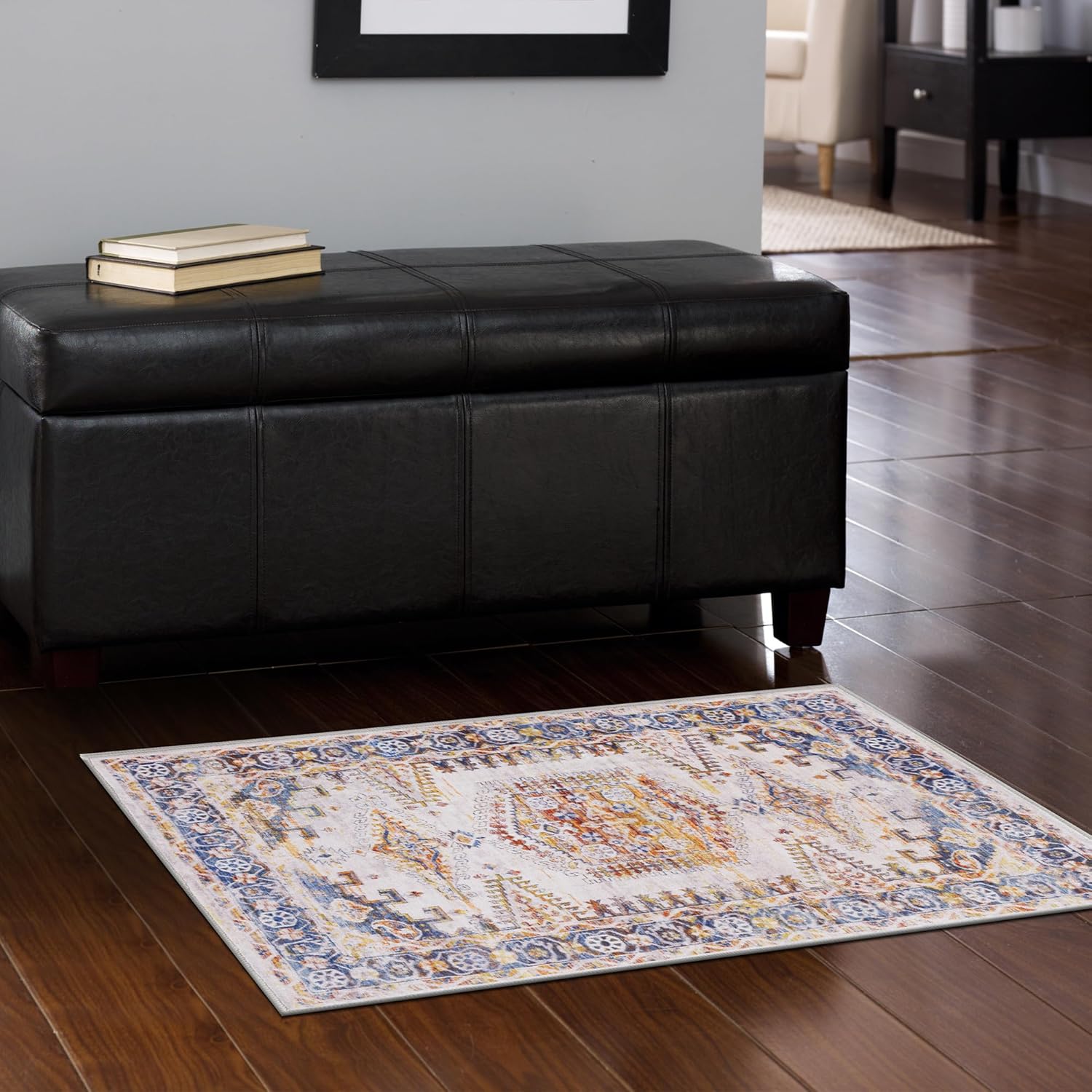 Alfombra de área lavable a máquina, medallón vintage ultrafina con respaldo antideslizante para entrada frontal interior, cocina, baño, sala de