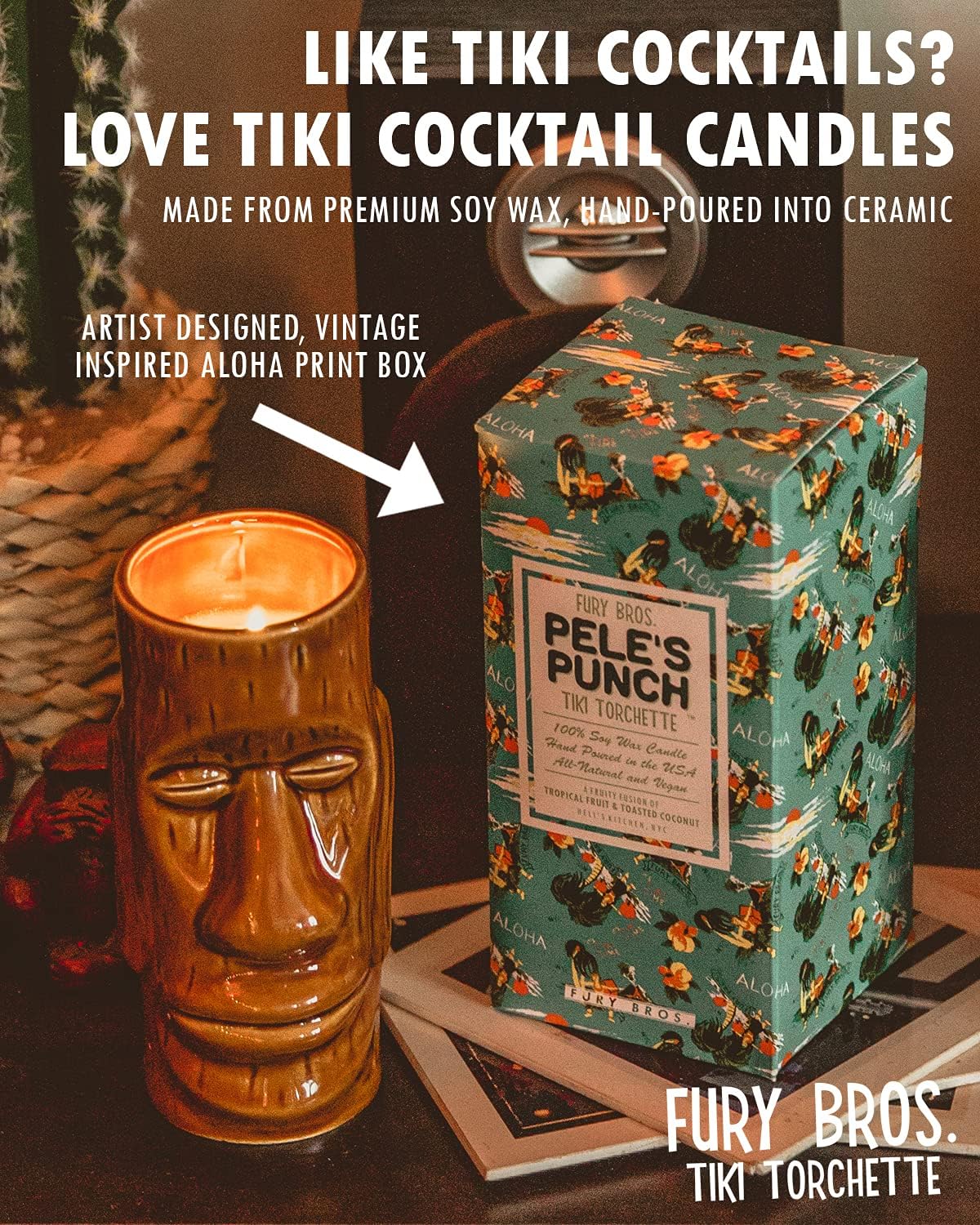 Tiki – Velas de antorcha de FURY BROS.  Un transporte de 70 horas a los trópicos  Analgésico polinesio – Piña, crema de coco y ron  Cera de soja,