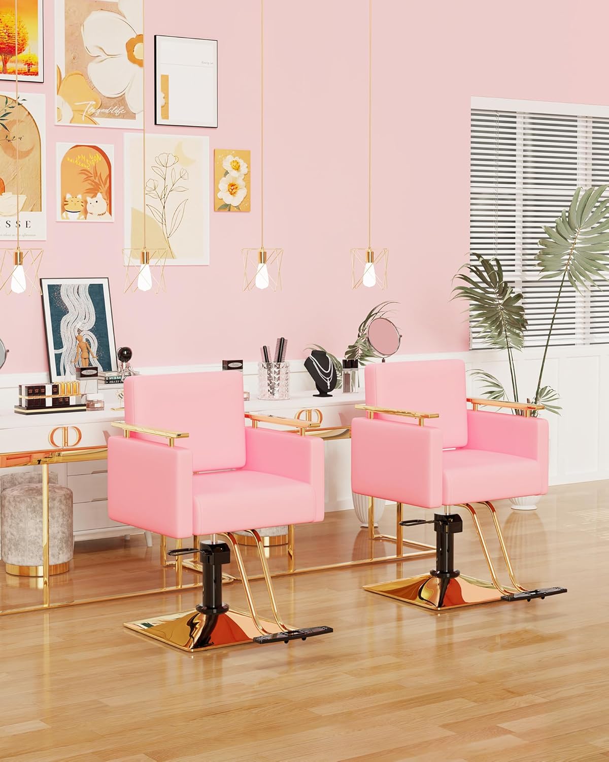 Baasha Silla de salón dorada de lujo con asiento y respaldo de espuma viscoelástica, silla de peluquería con reposabrazos de acero inoxidable, silla