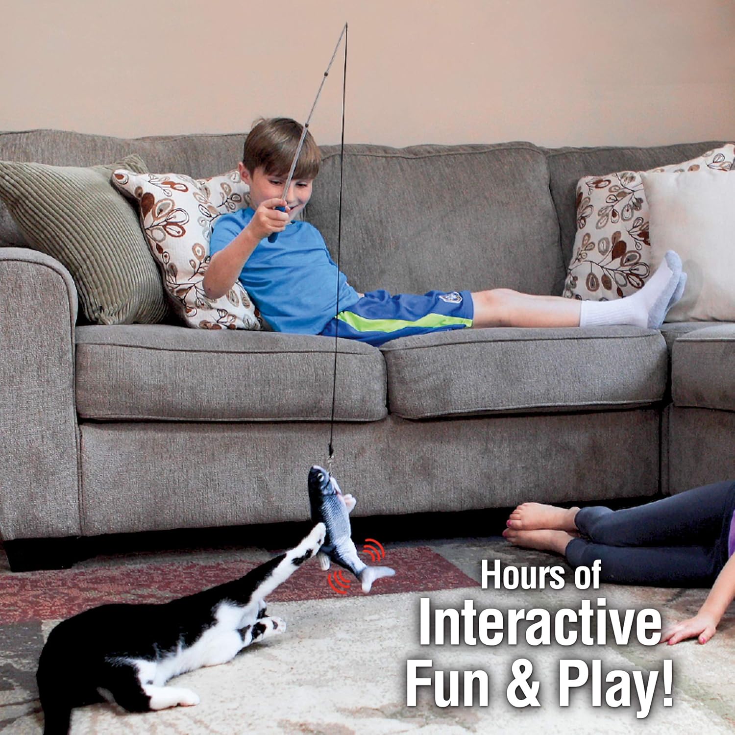 Ontel Flippity Fish – Juguete interactivo para gatos con hierba gatera y caña de pescar, activado por el tacto, juguete recargable para mascotas