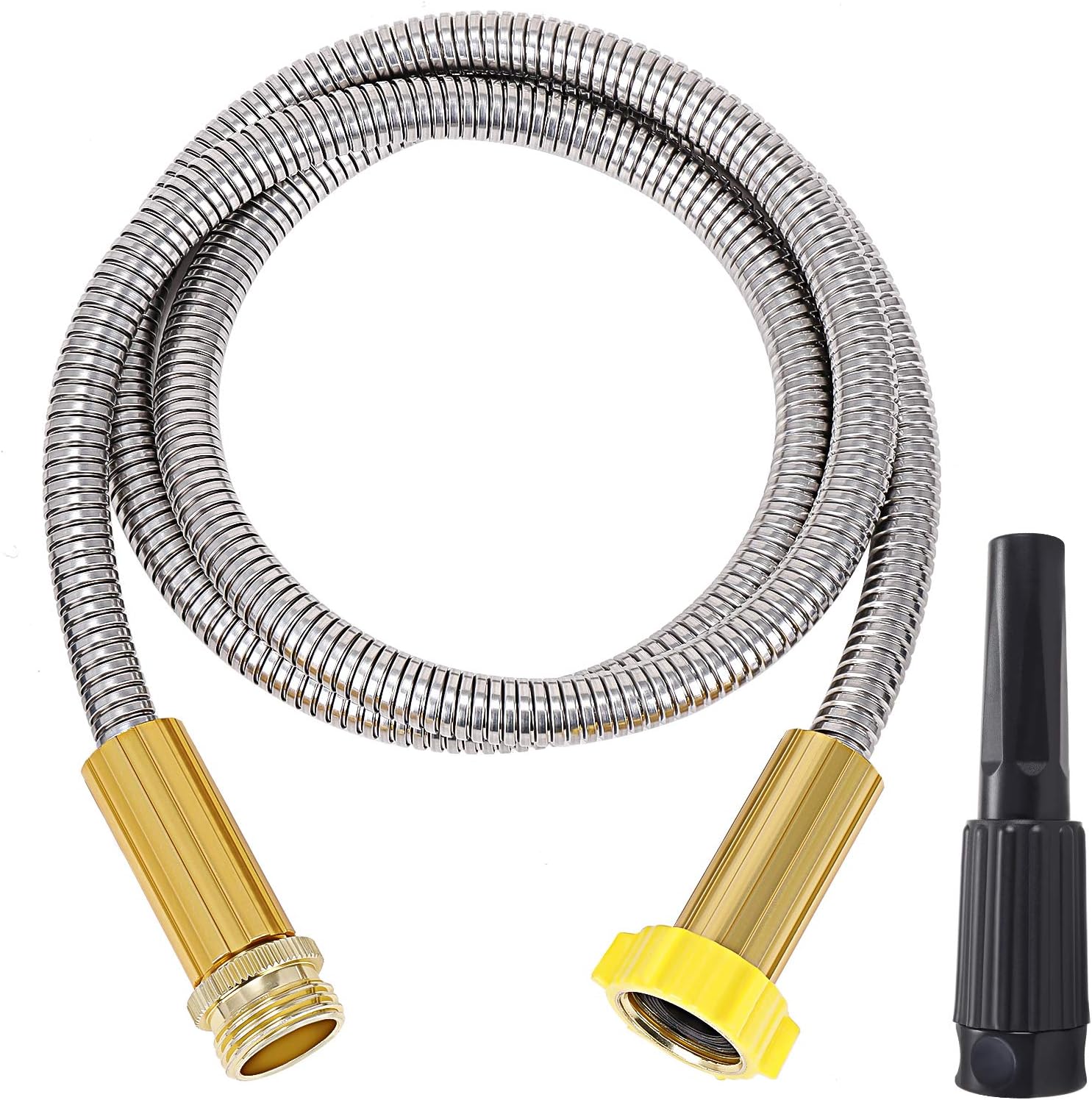FOXEASE – Manguera de jardín de metal de 10 pies, manguera corta de acero inoxidable resistente con boquilla ajustable sólida, portátil y ligera,