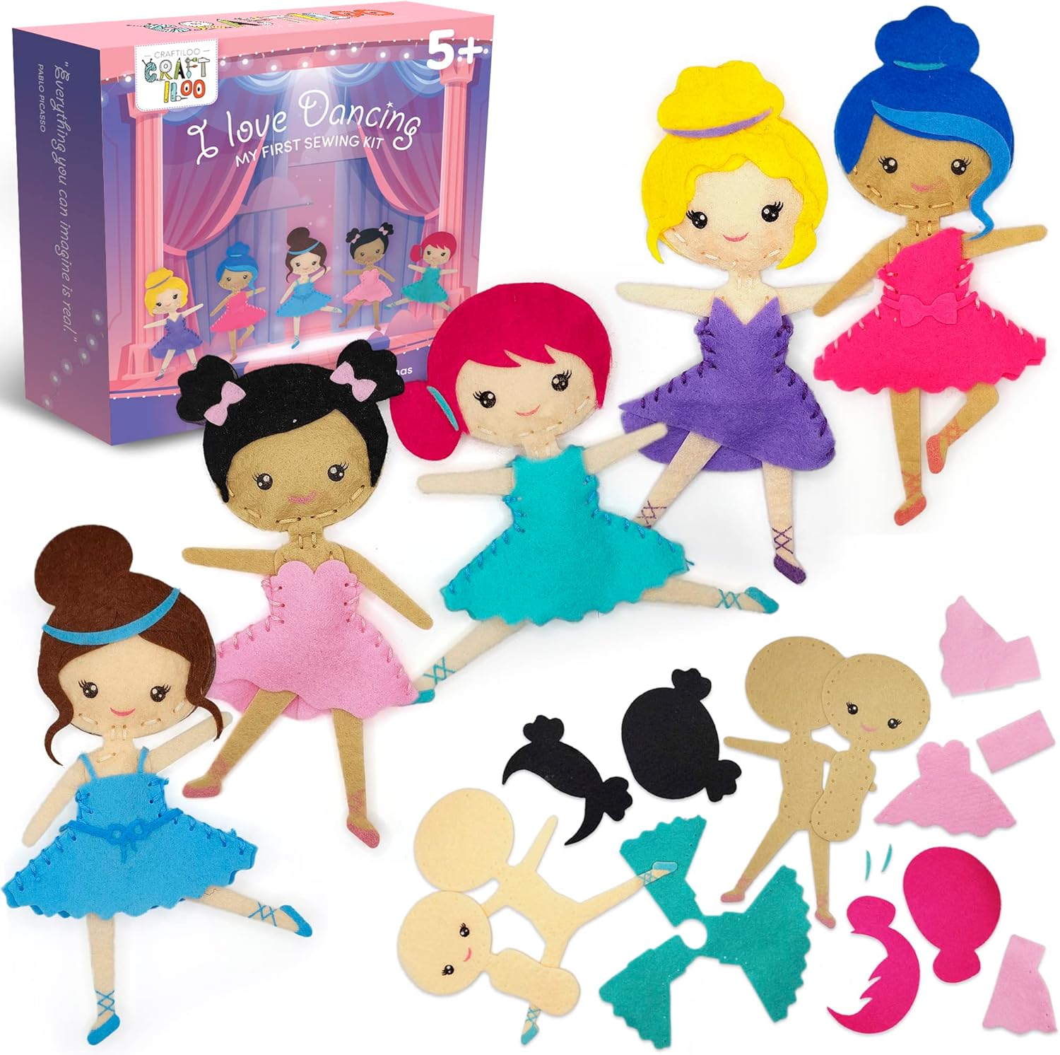 CRAFTILOO Kit de costura de bailarinas para niños, juego de manualidades divertido y educativo para niños y niñas de 5 a 12 años, coser tu propio