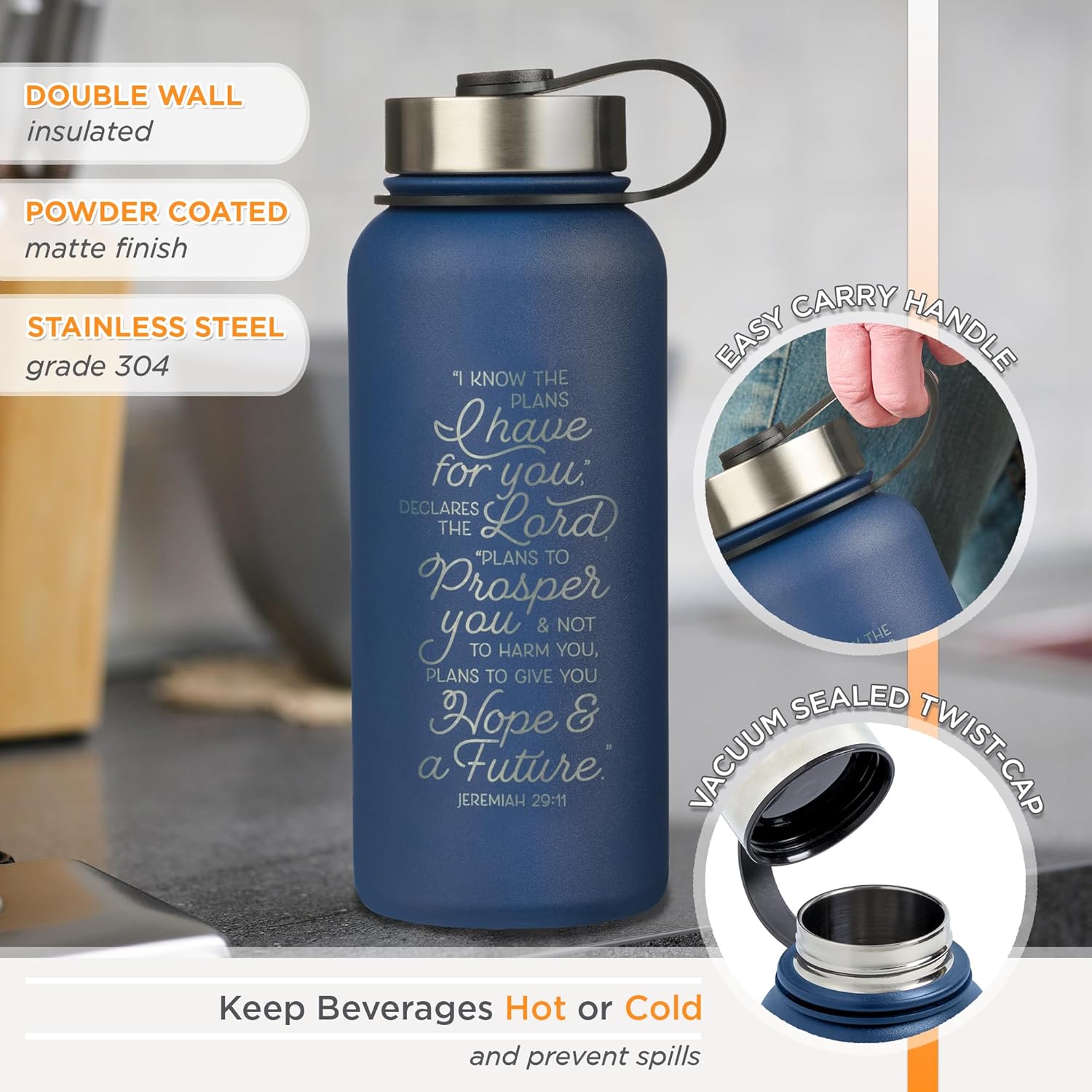 Christian Art Gifts Botella de agua grande de acero inoxidable de doble pared sellada al vacío para mujeres, hombres y graduados I Know the Plans –