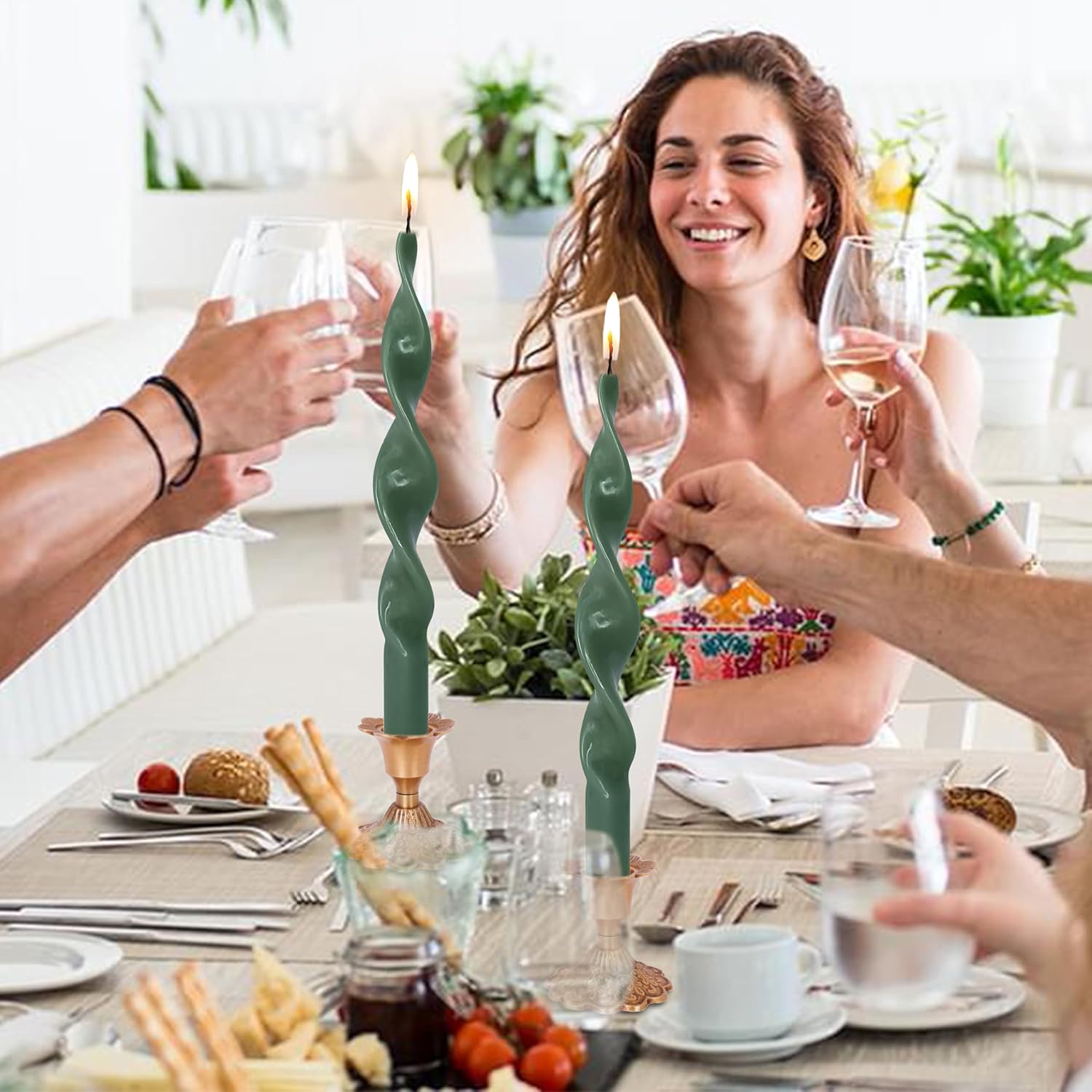 Vela cónica en espiral, color verde, velas largas trenzadas, velas de cera sin perfume para cena, decoración del hogar, bodas, festividades