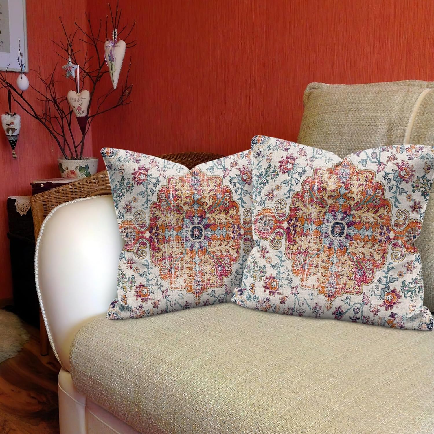 Juego de 2 fundas de almohada bohemias de 18 x 18 pulgadas, fundas de almohada decorativas para sofá, sala de estar, cama, funda de almohada de lino